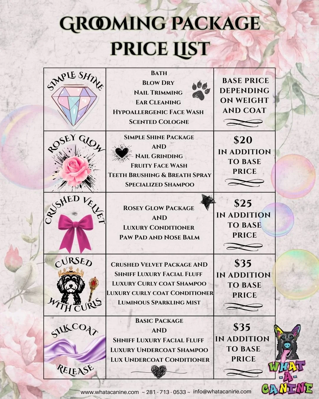 Grooming package price list with five options: Simple Shine, Rosey Glow, Crushed Velvet, Cursed with Curls, and Silk Coat Release, each with descriptions of services and prices.