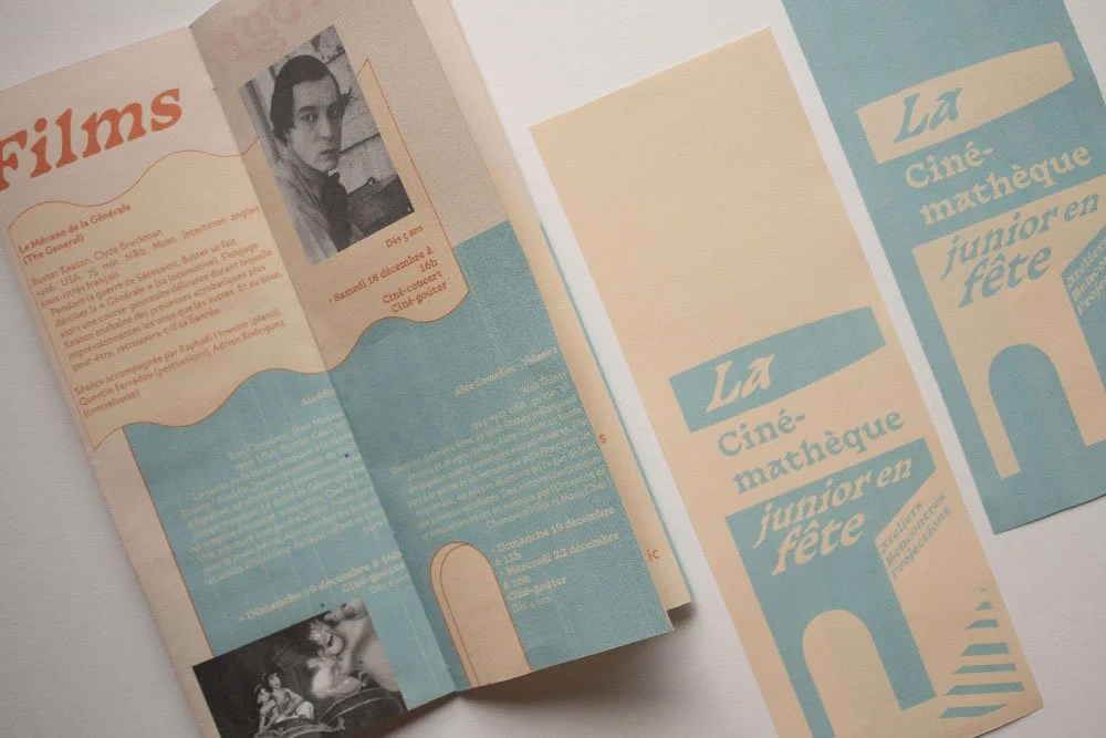 Programme ou brochure pour un festival de cinéma, avec du texte en français, des images en noir et blanc de personnes et des éléments graphiques en bleu et beige.