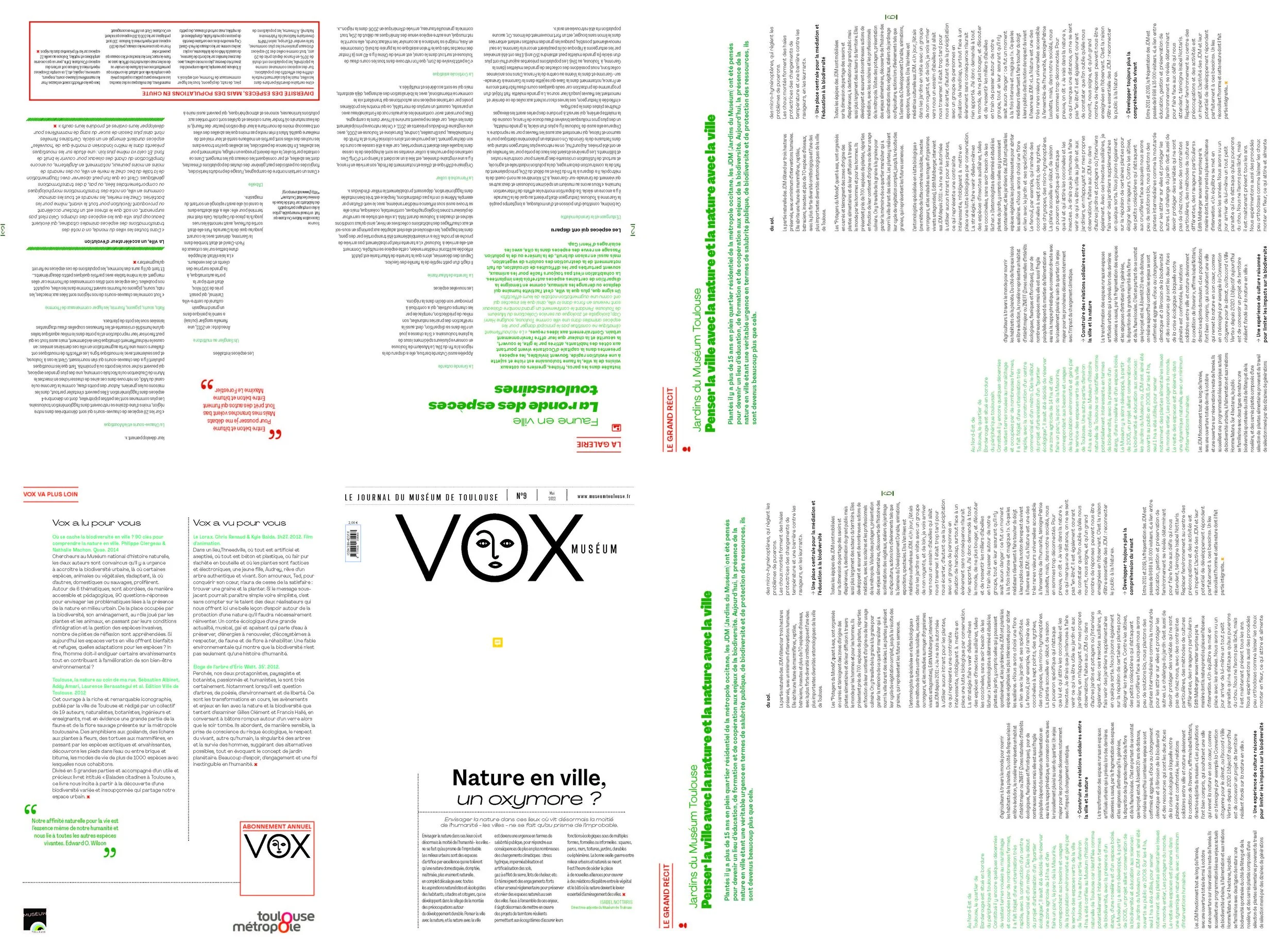 Page de journal avec un logo 'VOX' au centre, articles en français, textes en colonnes, titres en vert et en rouge, sections sur la nature dans la ville et la ville à Toulouse.