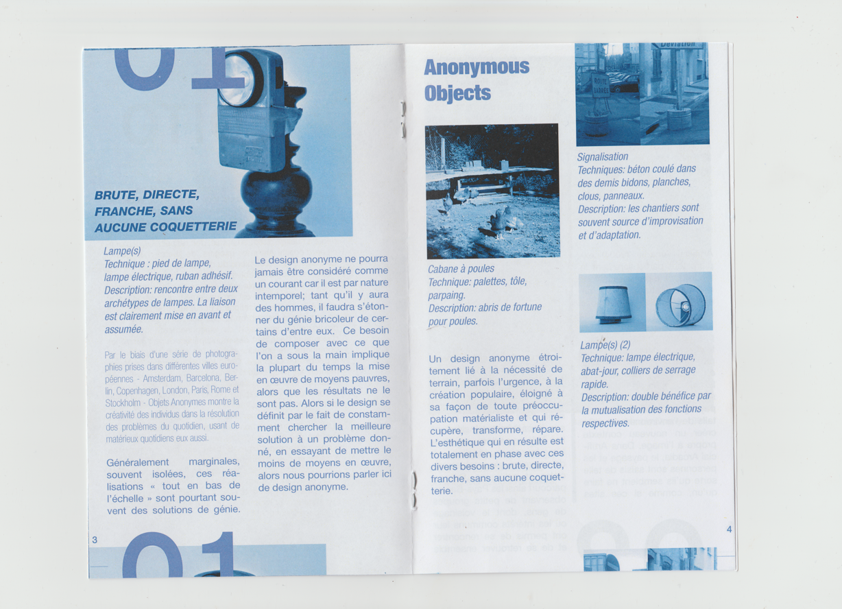Page d'une brochure ou d'un magazine présentant des objets anonymes, avec des images de construction et d'objets du quotidien comme une lampe, une cabane à poules, et des illustrations de lampes électriques.