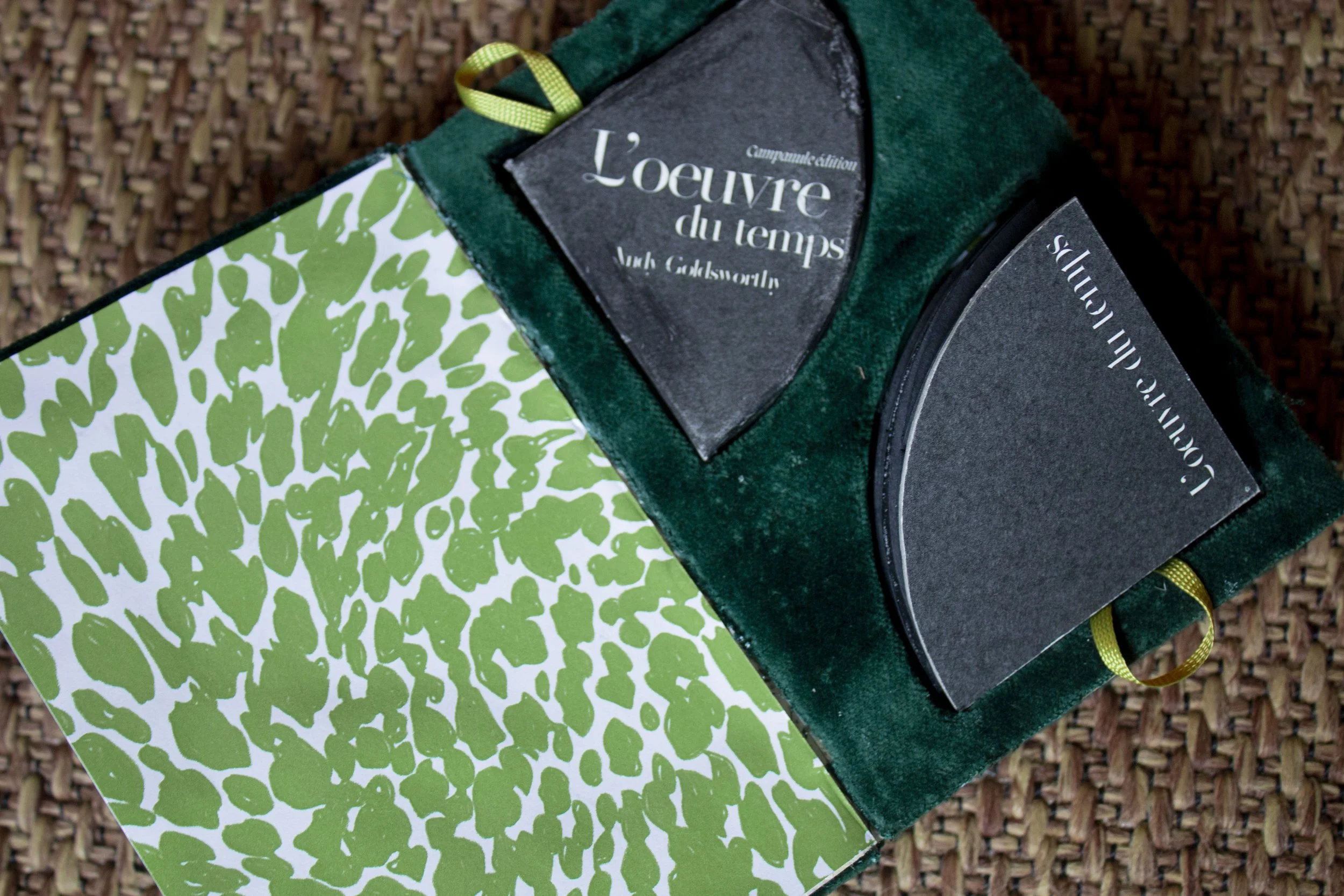 Une boîte verte en velours contenant deux petits livres avec des couvertures en noir et texte blanc, posée sur un tapis en rotin.