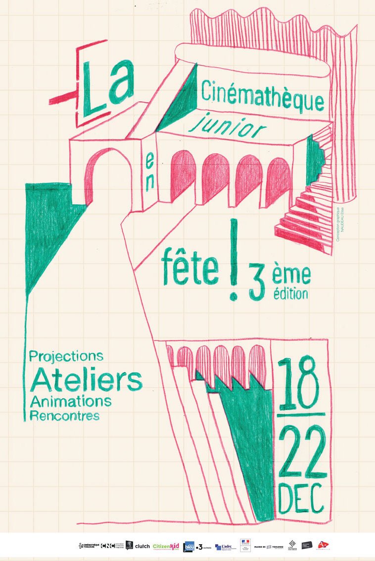 Affiche illustrée pour la 3ème édition de la fête du cinéma jeune, organisée du 18 au 22 décembre. Inclut des projections, ateliers, animations et rencontres, avec des dessins de théâtres et d'étapes de la fête.