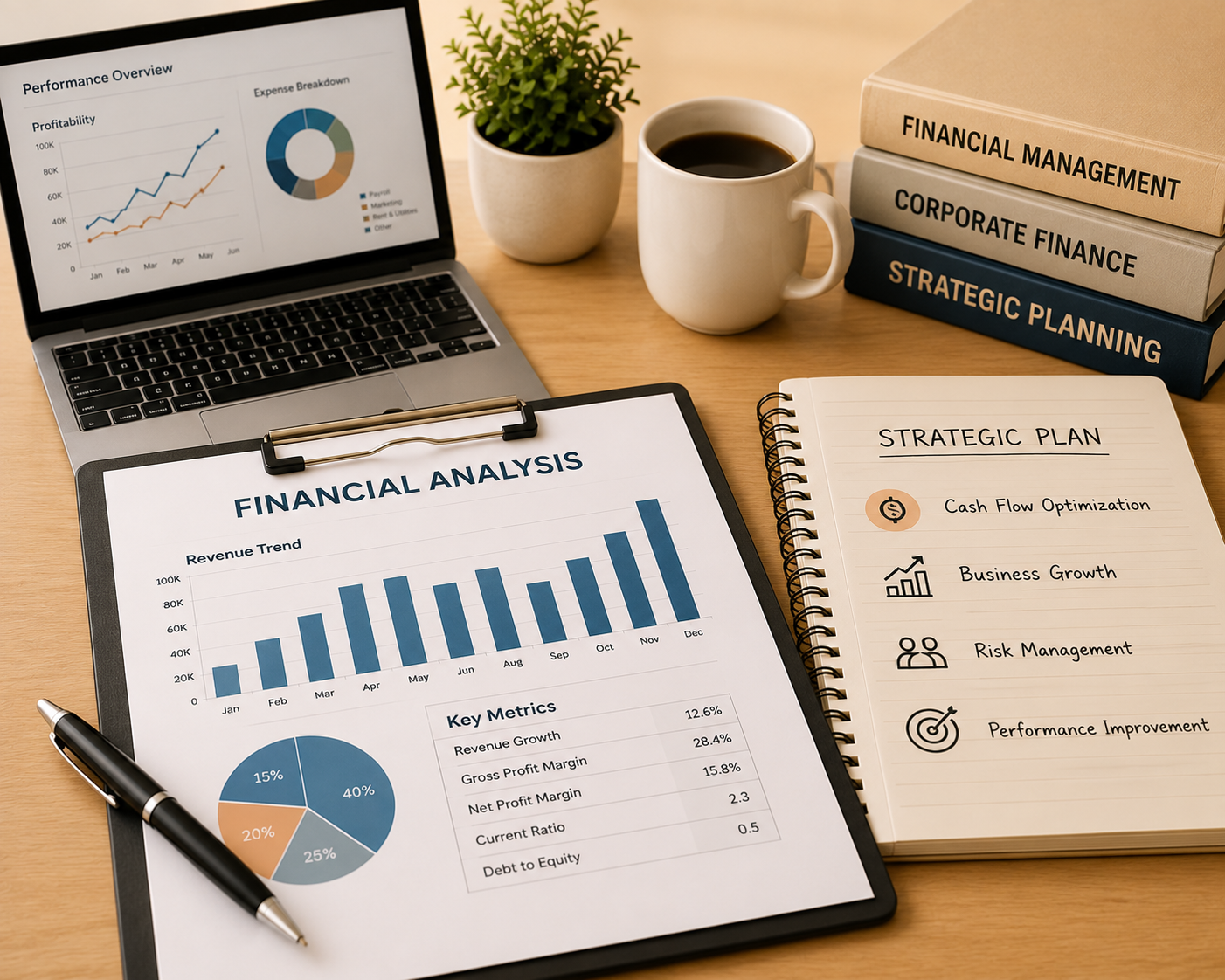 Desk with financial analysis reports, books on finance, a laptop displaying graphs, a notebook with strategic plan points, a cup of coffee, a potted plant, and a pen.