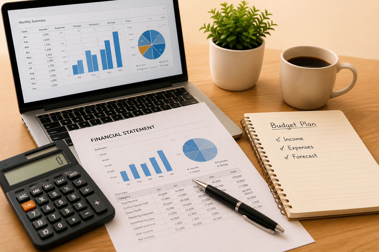 Desk with a laptop displaying financial charts, a calculator, financial documents, a notebook titled 'Budget Plan' with checkmarks for income, expenses, and forecast, a pen, a cup of coffee, and a potted plant.