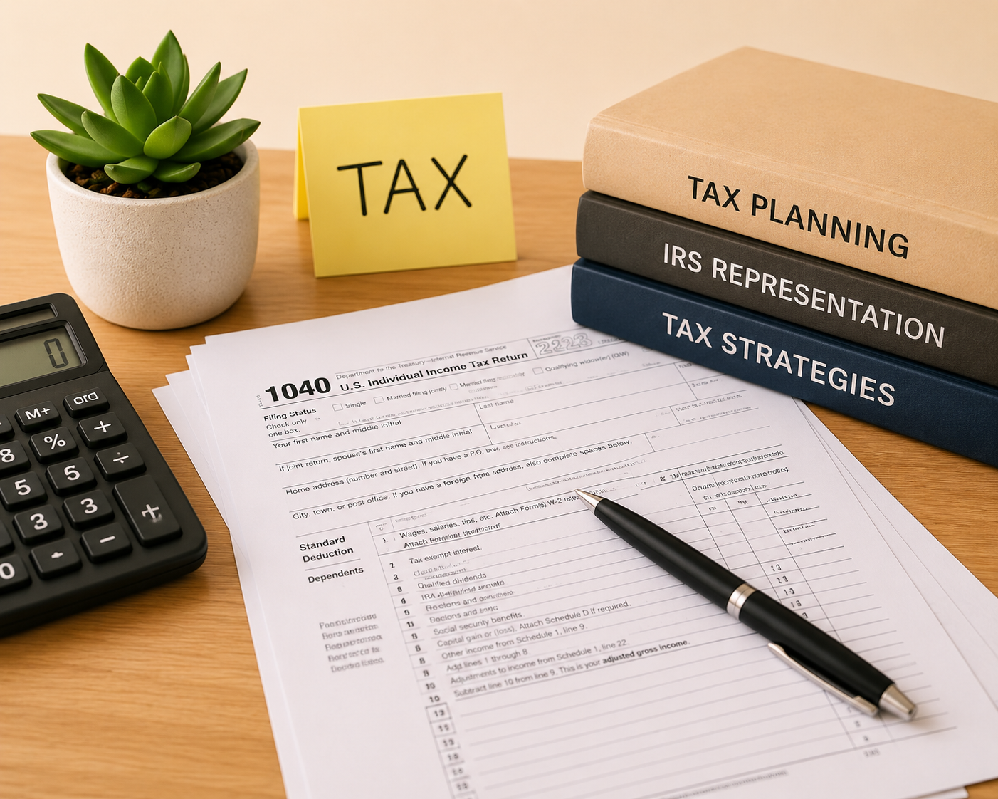 A desk with a tax form, calculator, black pen, a small potted succulent, a yellow sticky note with 'TAX' written on it, and three binders labeled 'TAX PLANNING,' 'IRS REPRESENTATION,' and 'TAX STRATEGIES.'
