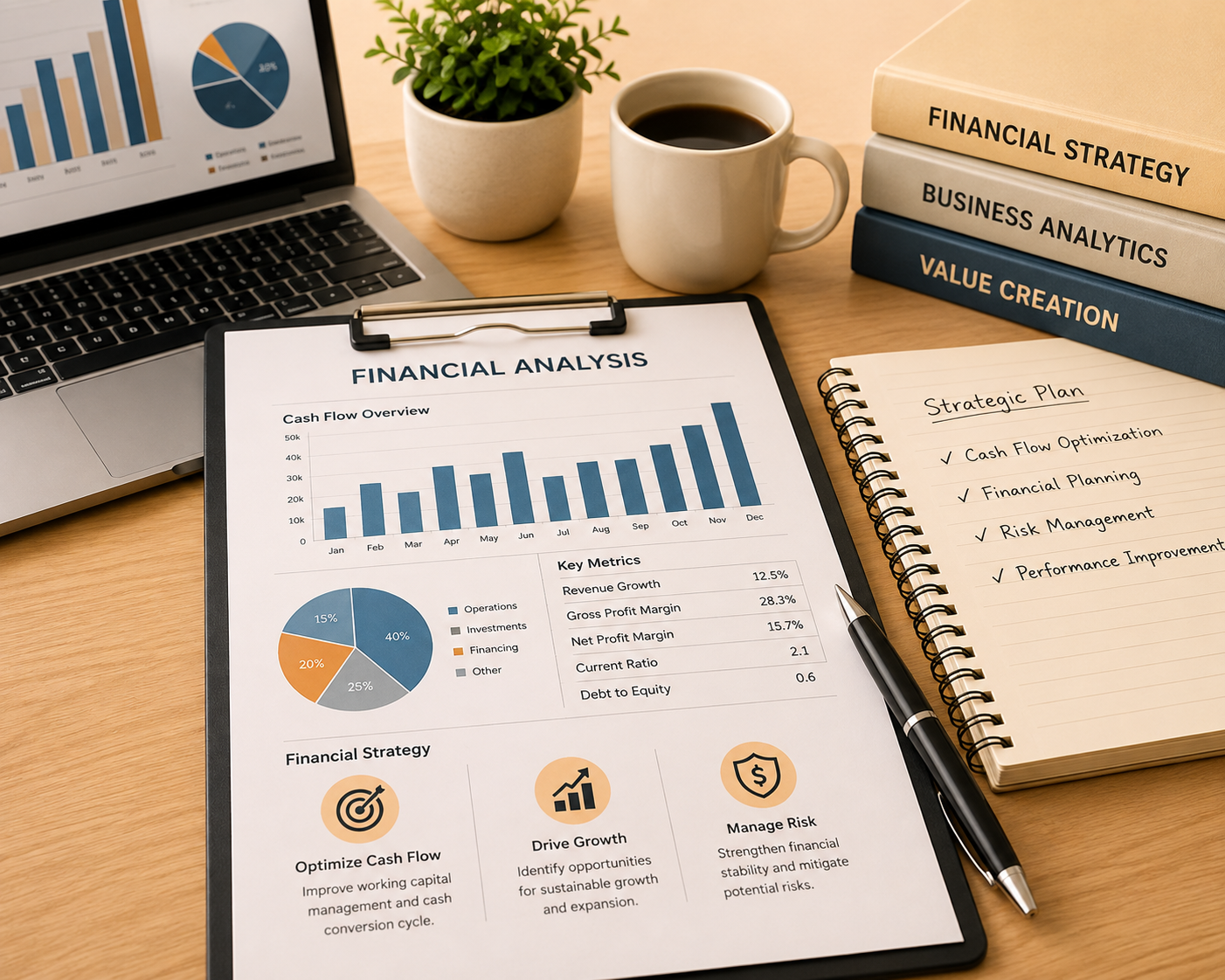 A workspace with a financial analysis report showing graphs and pie charts, a laptop, a potted plant, a coffee mug, a stack of books titled "Financial Strategy," "Business Analytics," and "Value Creation," a notepad with a handwritten strategic plan, and a pen.