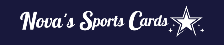 Navy blue rectangle with Nova's Sports Cards text followed by a star with white outline