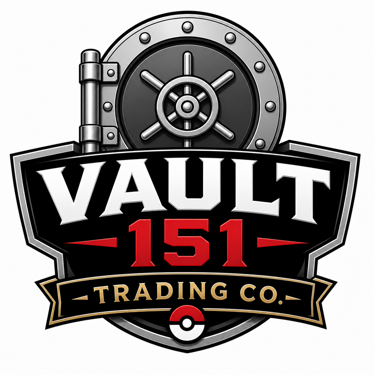 Image of vault door behind a badge with text vault 151 trading co and Pokemon ball