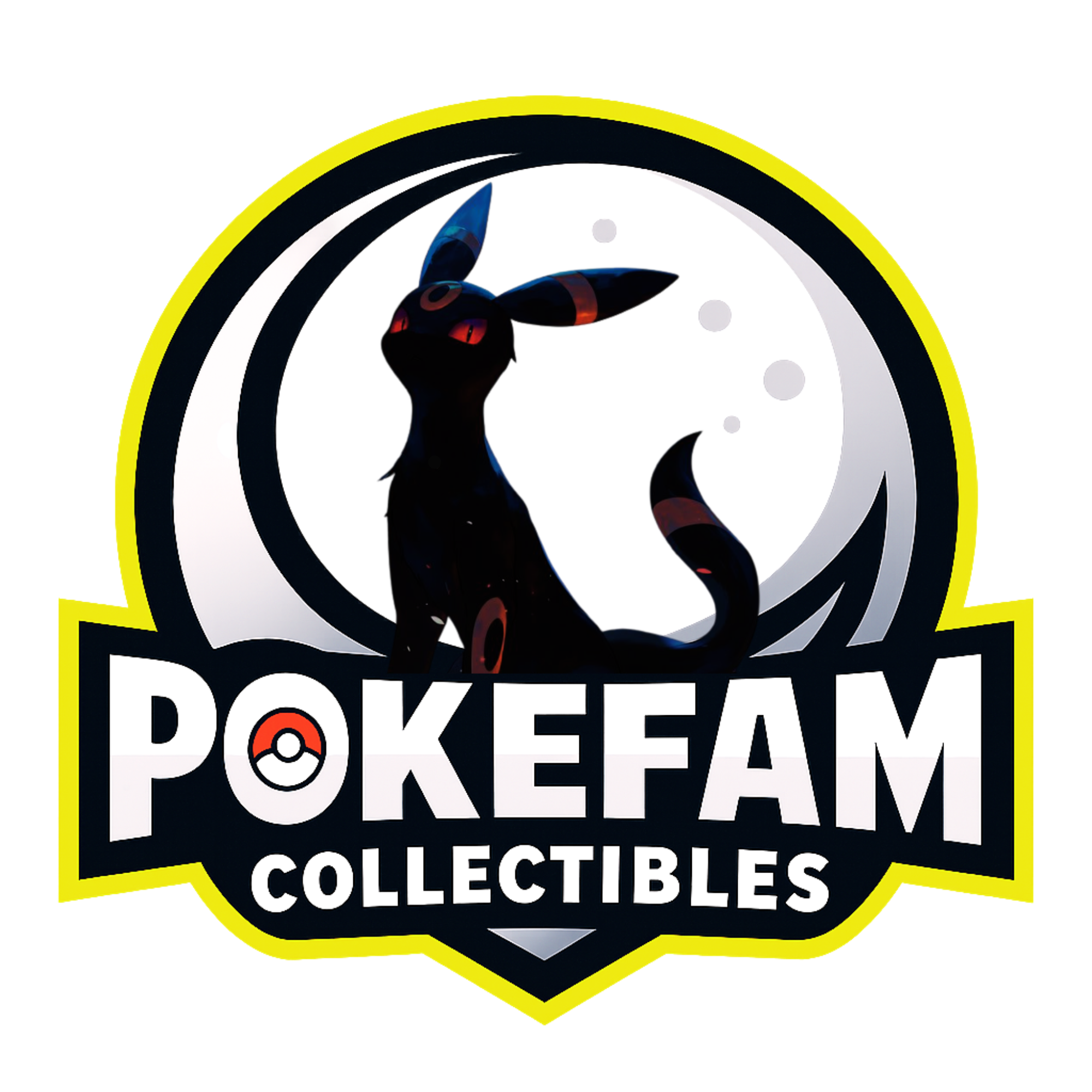 Text pokefam collectibles with a location logo and moon with cat like pokemon