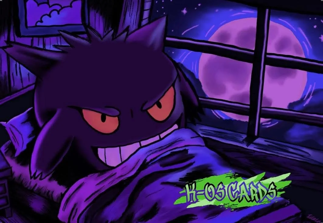 Purple, black Pokemon laying in bed with the moon in a window behind him. Green smudge with Text K-OS  Cards