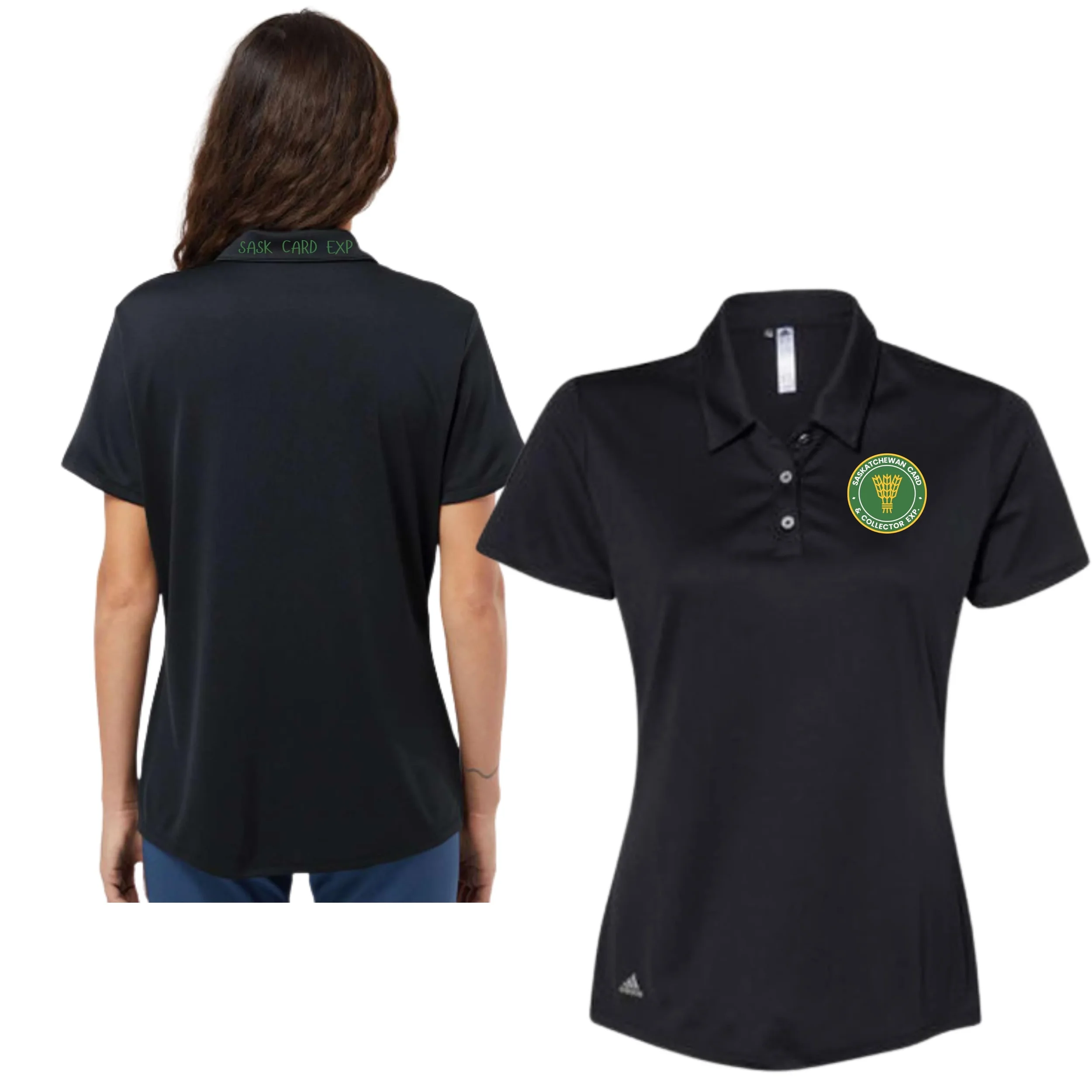 Ladies Polo T-shirt in Black with Small left chest logo and Sask Card Exp text on neckline