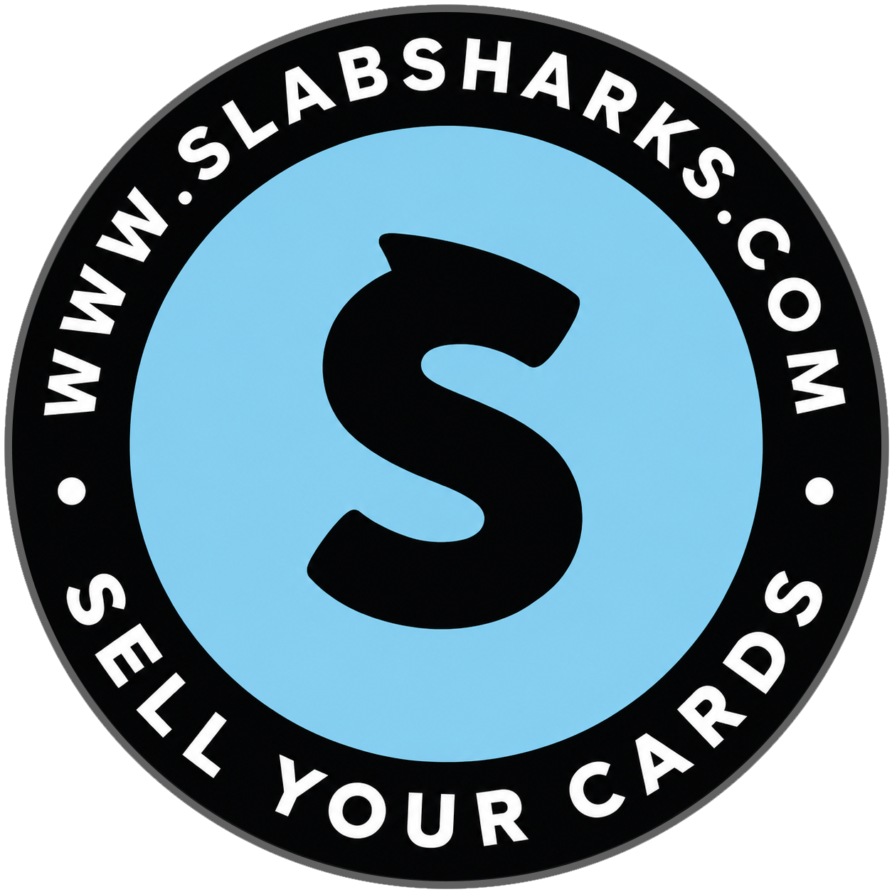 Blue circle with S with shark fin in the middle. Website and Sell Your Cards as banner around the blue circle