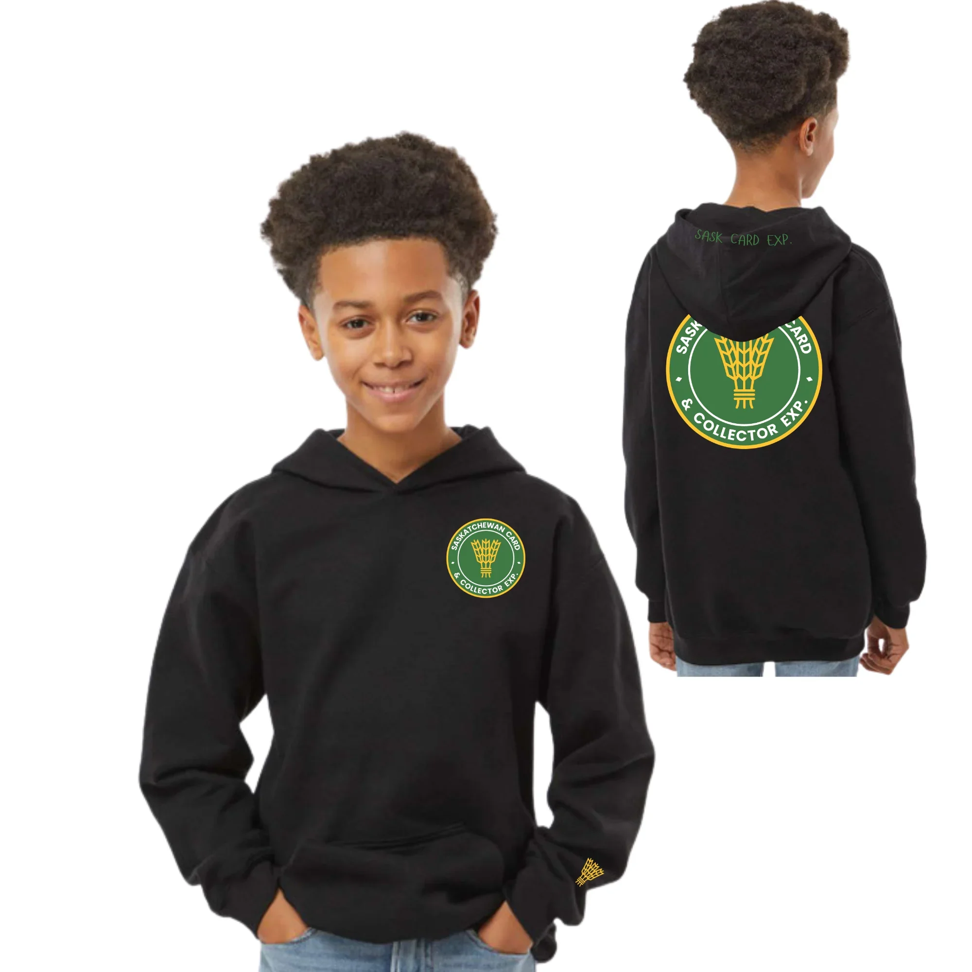 Youth in Black hoody with SCCE small chest logo and large back logo