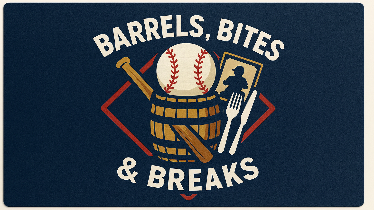 Blue logo with barrel of baseball equipment and text  stating Barrels Bites & Breaks