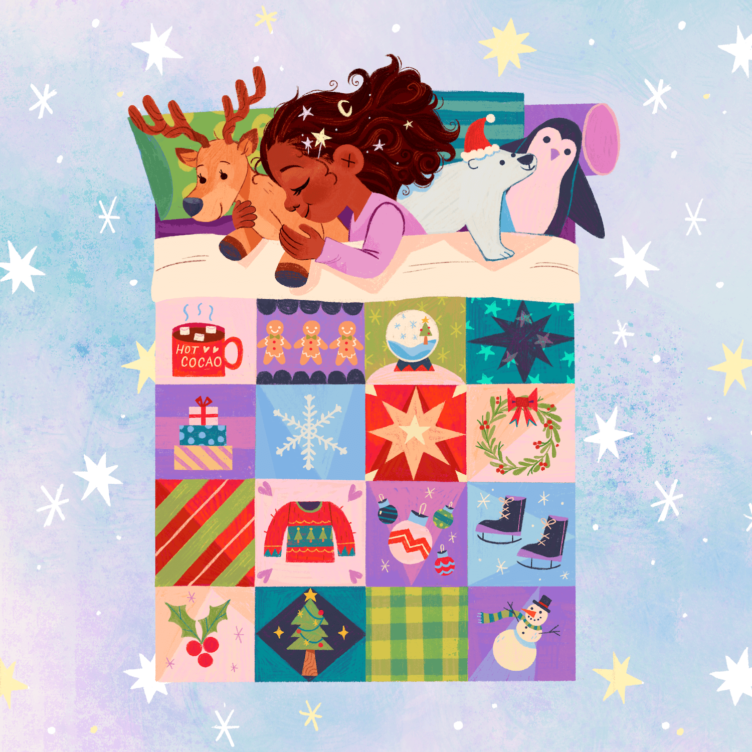 A cozy holiday illustration by Anoosha Syed for Target. A child sleeps under a festive quilt decorated with winter-themed squares, including snowflakes, gifts, and ornaments. They cuddle a plush reindeer, with a polar bear and penguin beside them. St