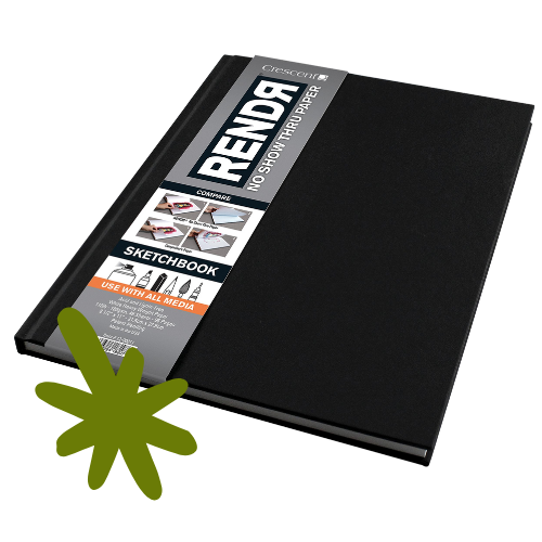 Closed black sketchbook with a label on the cover indicating it is a Reindar sketchbook for freestyle use with all media.