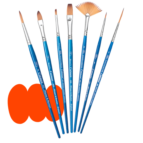 A set of ten different paintbrushes in various sizes and shapes, with blue handles and metal ferrules, arranged in a container.