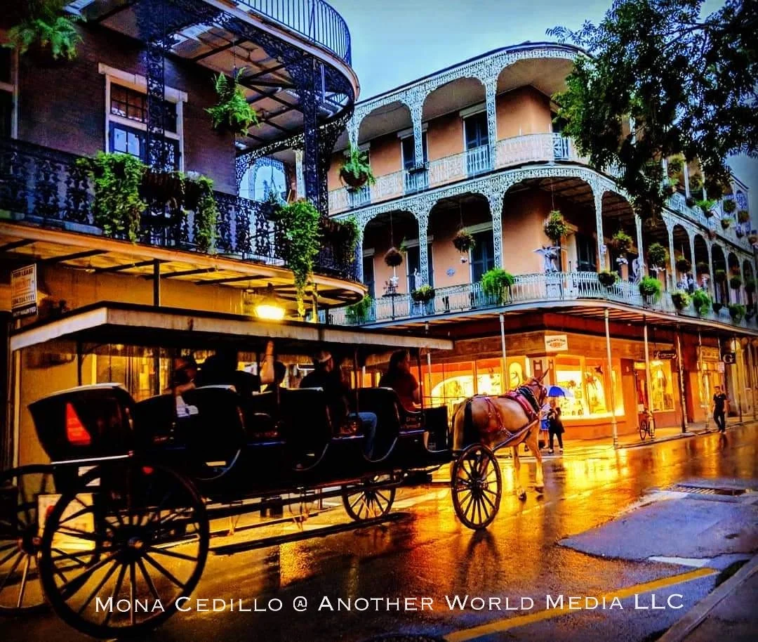 A carriage takes visitors through the French Quarter in New Orleans, Louisiana