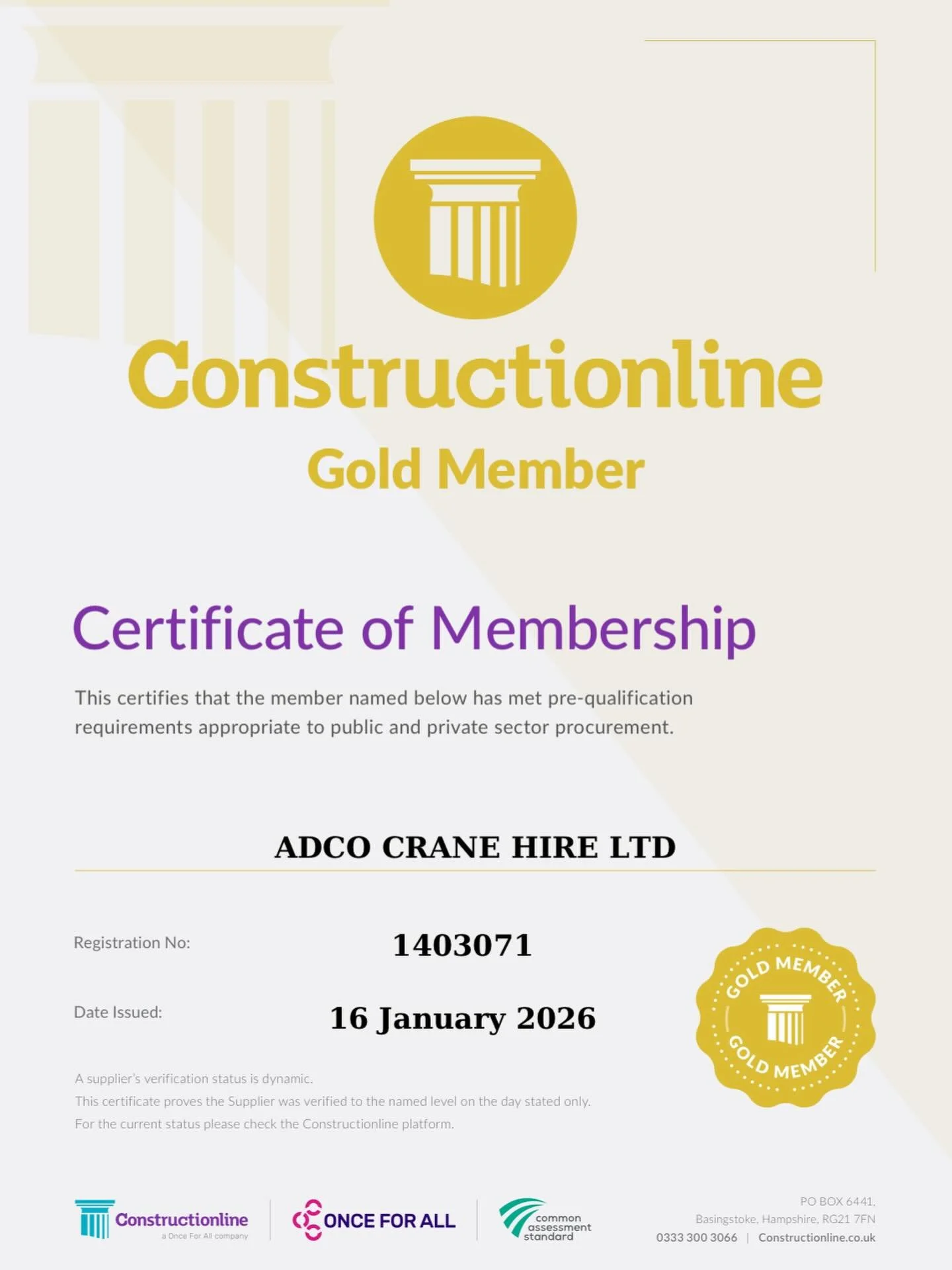 We&rsquo;re proud to be confirmed as a Constructionline Gold Member ✅
This reflects our commitment to quality, compliance, and industry standards at Adco Crane Hire Ltd.

Contact us:
📞 0333 091 2052
🌐 www.adcocranehire.co.uk
📧 info@adcocranehire.c