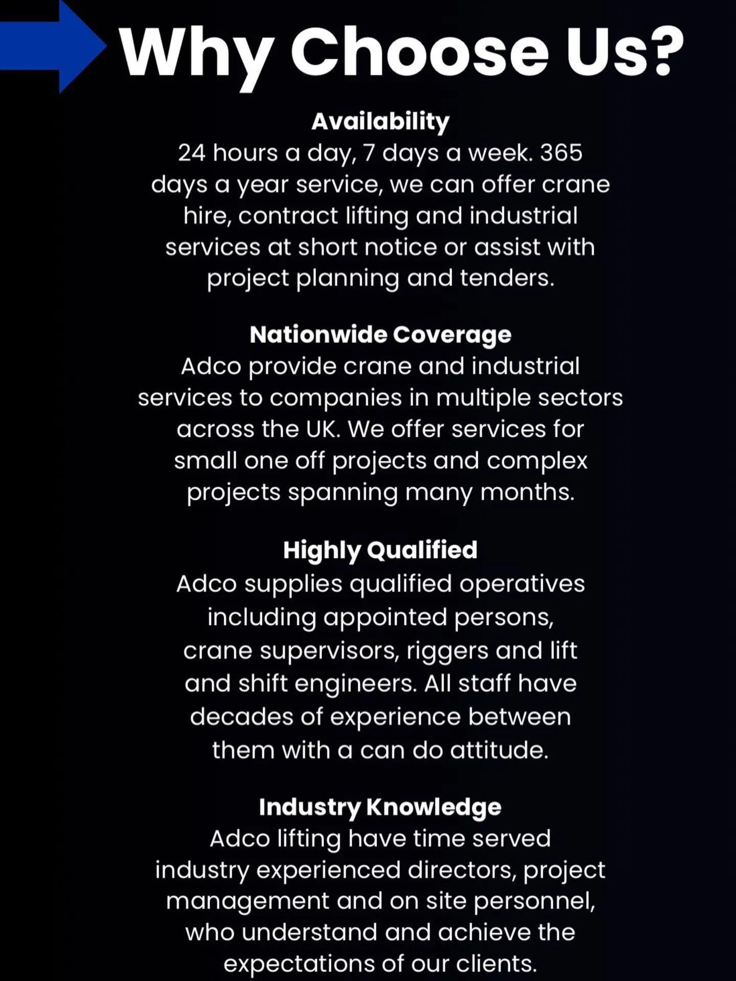 💡 Why Choose Adco Crane Hire?

At Adco, we pride ourselves on delivering safe, reliable, and professional lifting solutions across the UK.

✔️ 24/7 availability, 365 days a year
✔️ Nationwide crane and industrial services
✔️ Highly qualified operati