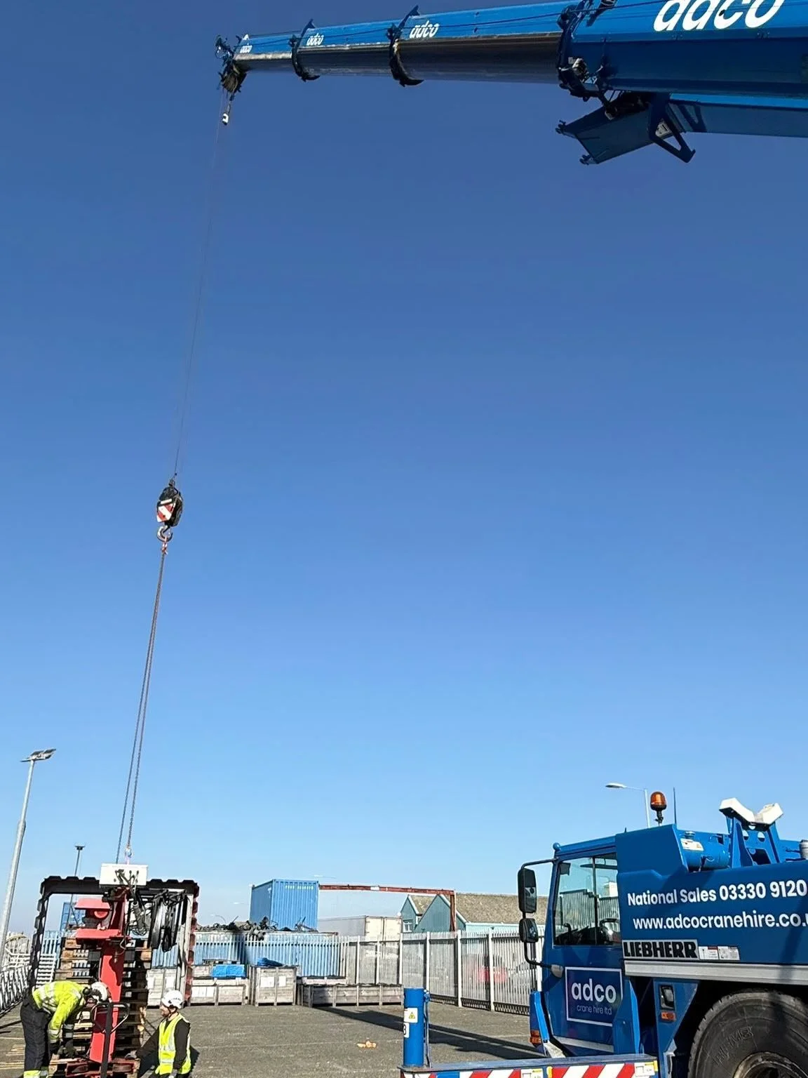 A great day on site at Grimsby Dock. ☀️🏗️ 

Contract lift completed using our 40t Liebherr to lift and position a material handling unit within a confined working area. The lift was fully planned, managed, and executed safely by the Adco team from s