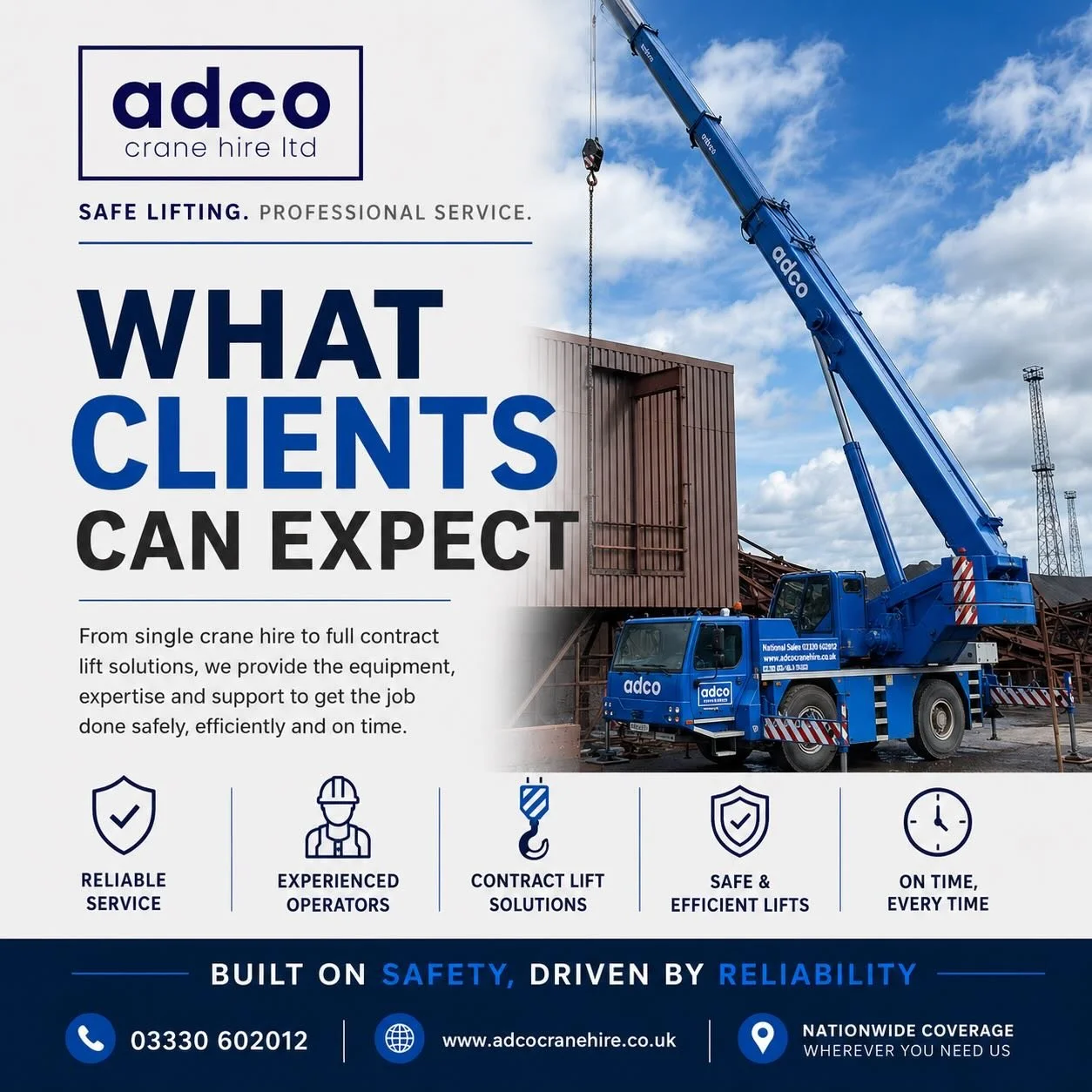At Adco Crane Hire Ltd, safety and planning are at the heart of every lift.

We support construction, industrial projects, steel erection and specialist lifting work with reliable equipment, experienced operators and a straightforward service from st