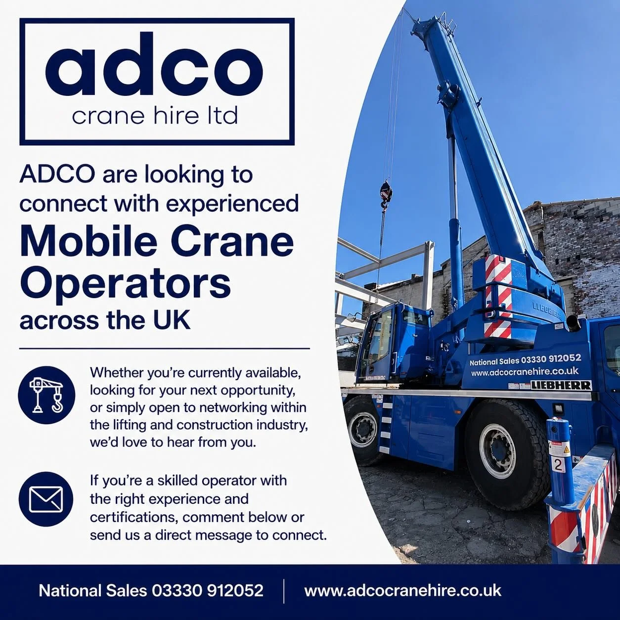 🚧 ADCO are looking to connect with experienced Mobile Crane Operators across the UK 🇬🇧

🏗️ Whether you&rsquo;re currently available, looking for your next opportunity, or simply open to networking within the lifting and construction industry, we&