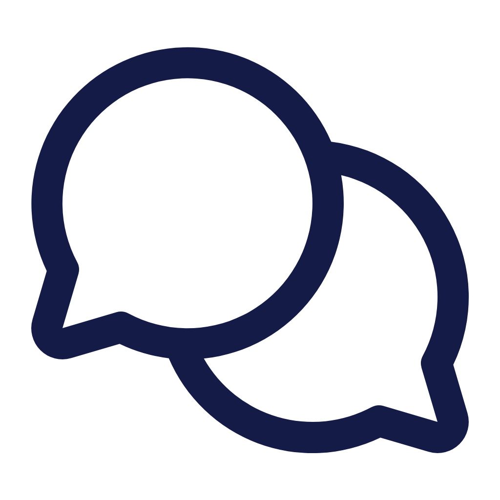 Two overlapping chat bubbles, one larger than the other, outlined in dark blue.
