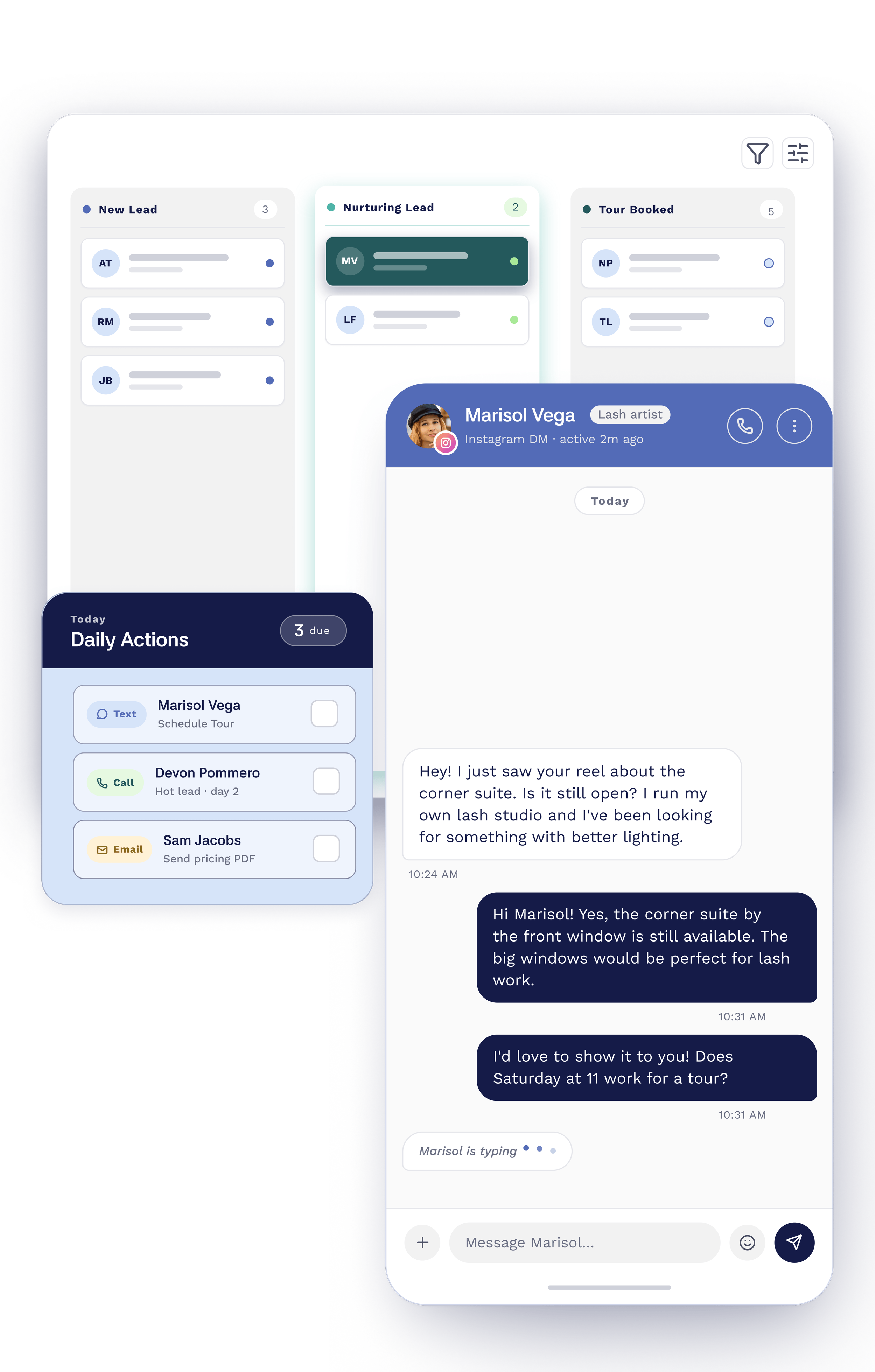 A digital dashboard interface with sections for leads, a chat conversation, and daily tasks related to scheduling tours and contacting clients. The dashboard features list items, profile pictures, and message threads.
