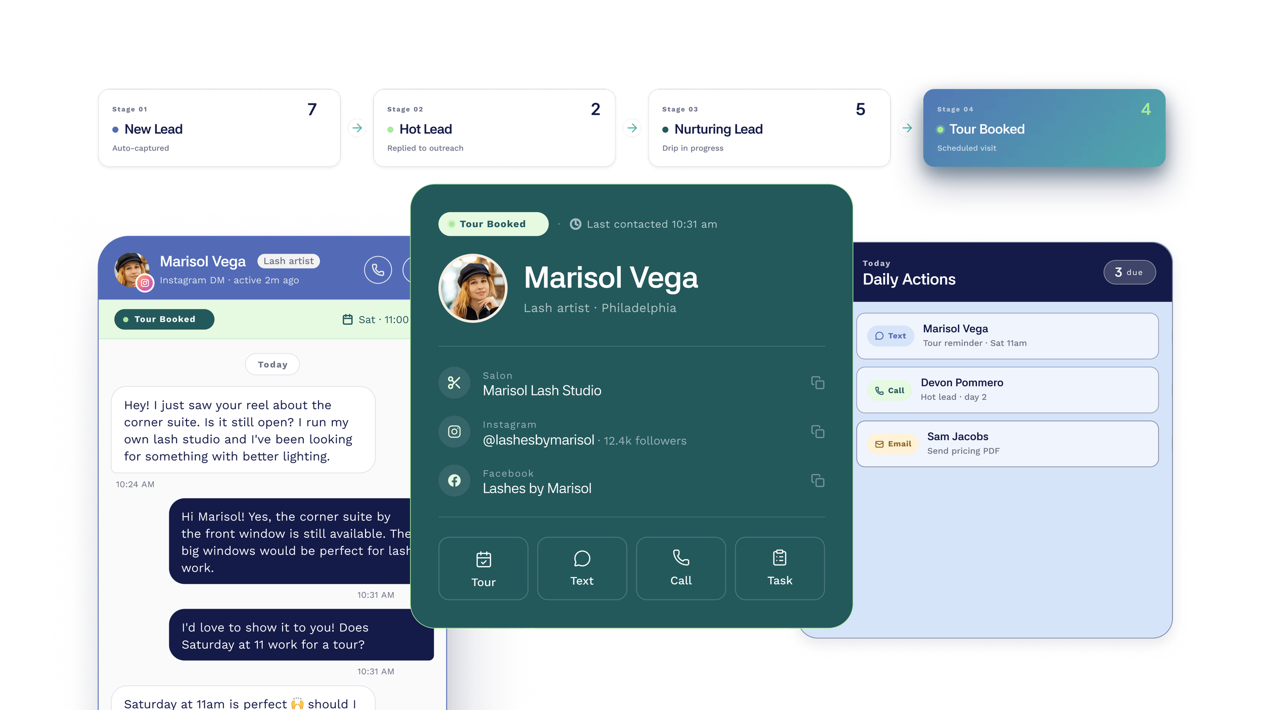Collection of digital interface screens showing customer relationship management app with lead stages, customer profile, and scheduled appointments for a lash artist.