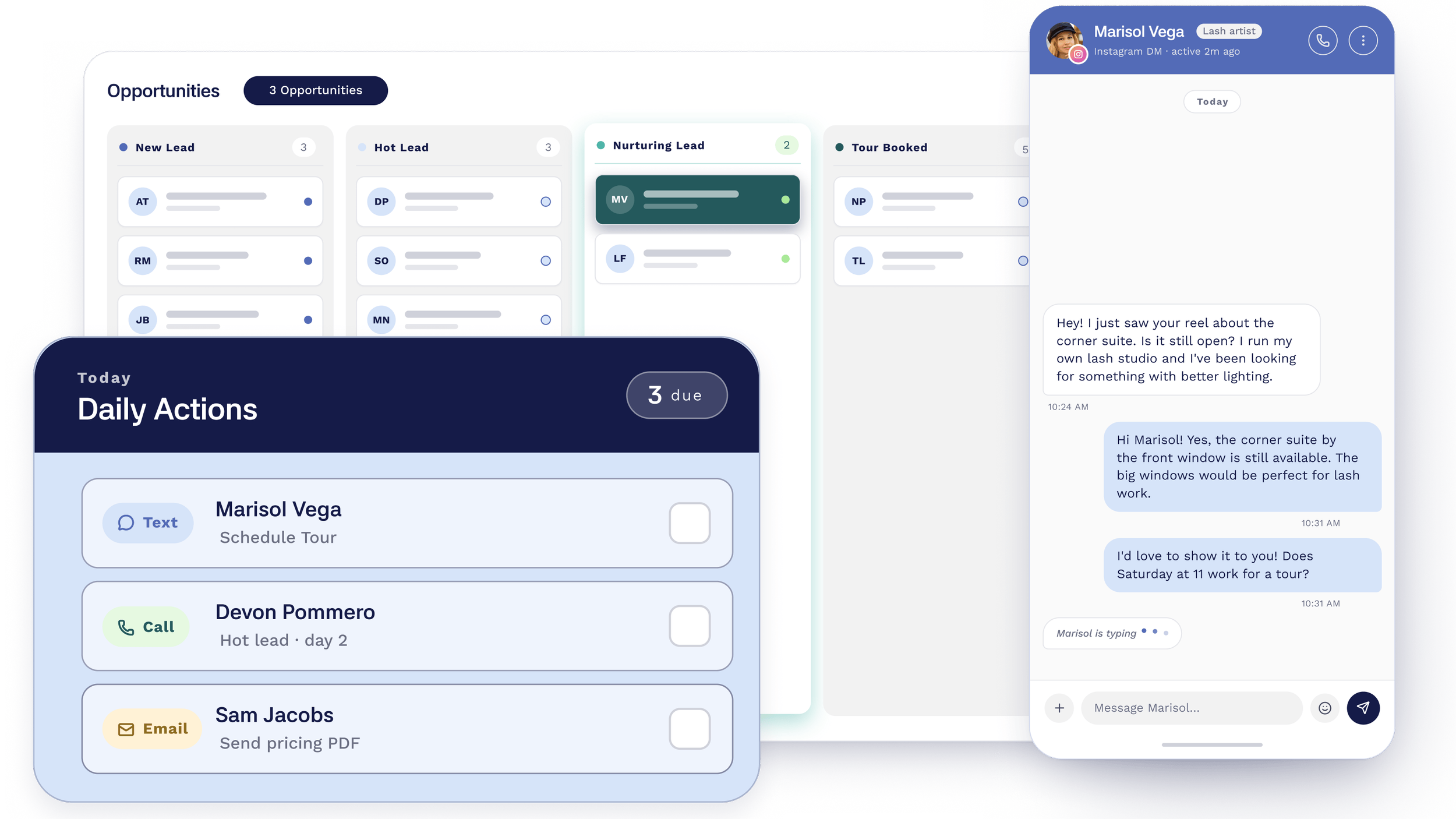 Screenshot of a digital dashboard showing opportunities and daily actions, chat messages between a client and a representative, and a contact card for Marisol Vega, a lash artist. The dashboard includes sections labeled 'New Lead', 'Hot Lead', 'Nurturing Lead', and 'Tour Booked', with various names and statuses, as well as a chat conversation discussing lash studio services and scheduling.