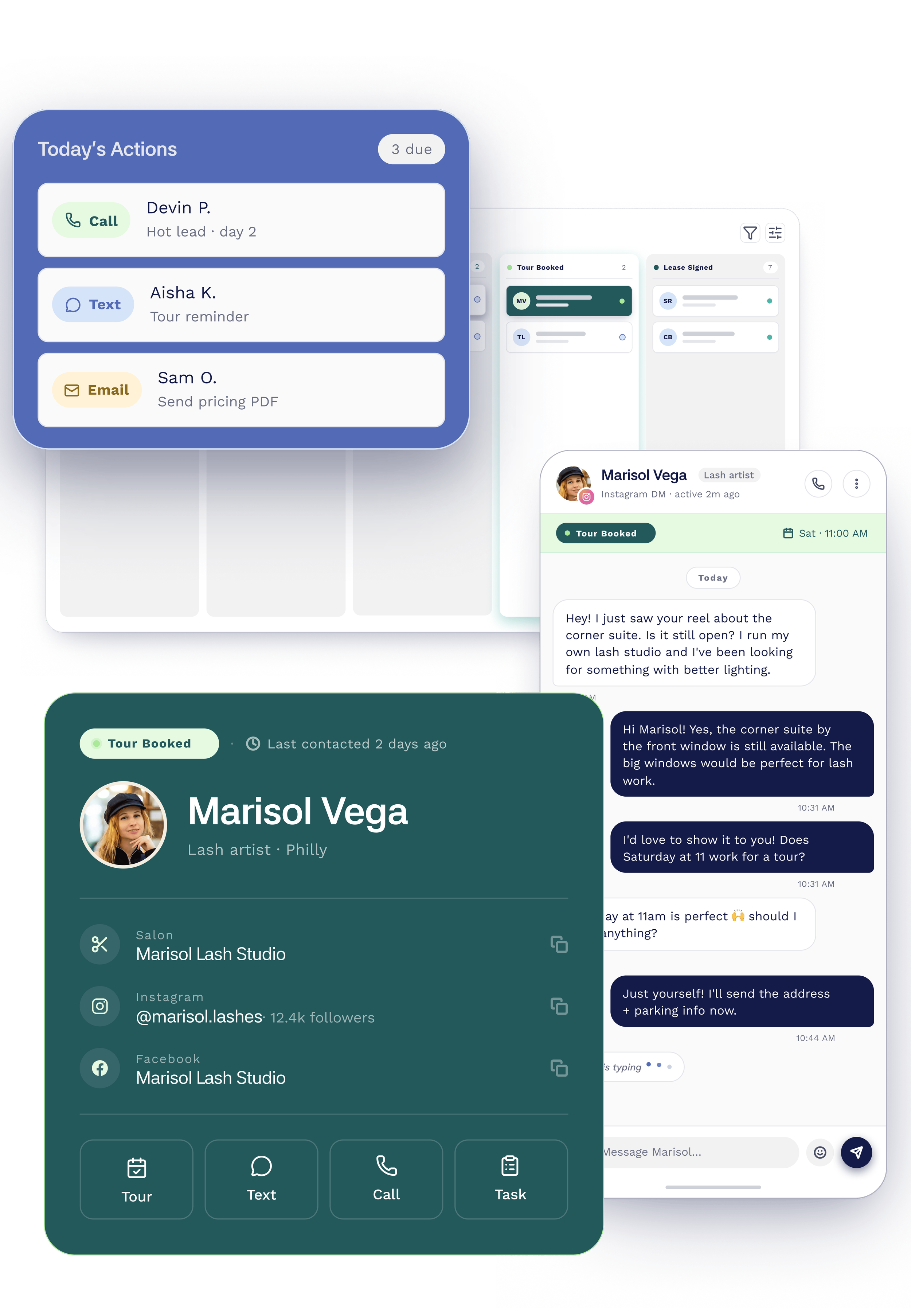Screenshot of a digital communication interface showing tasks, messages, social media links, and contact options, with a focus on a person's contact card named Marisol Vega, a lash artist from Philadelphia.