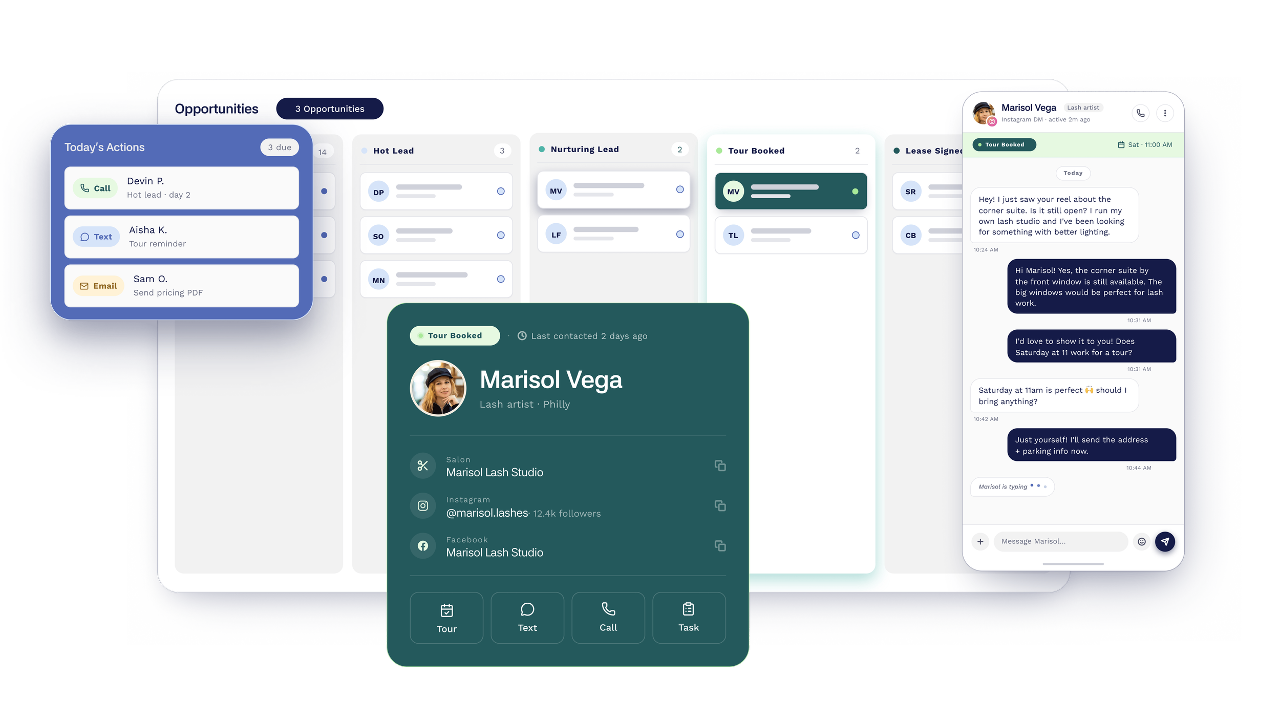 Screenshot of a customer relationship management (CRM) dashboard showing opportunities, actions, and communication with a client named Marisol Vega, a lash artist based in Philadelphia, including a chat conversation and contact details.