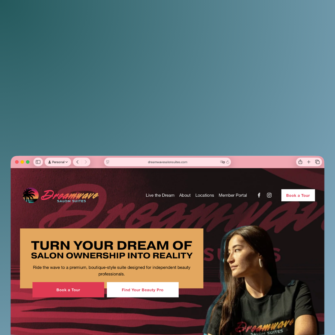 Webpage homepage for Dreamwave Salon Suites featuring a woman with long hair on the right side, a pink and black background, and text promoting salon ownership and tours.
