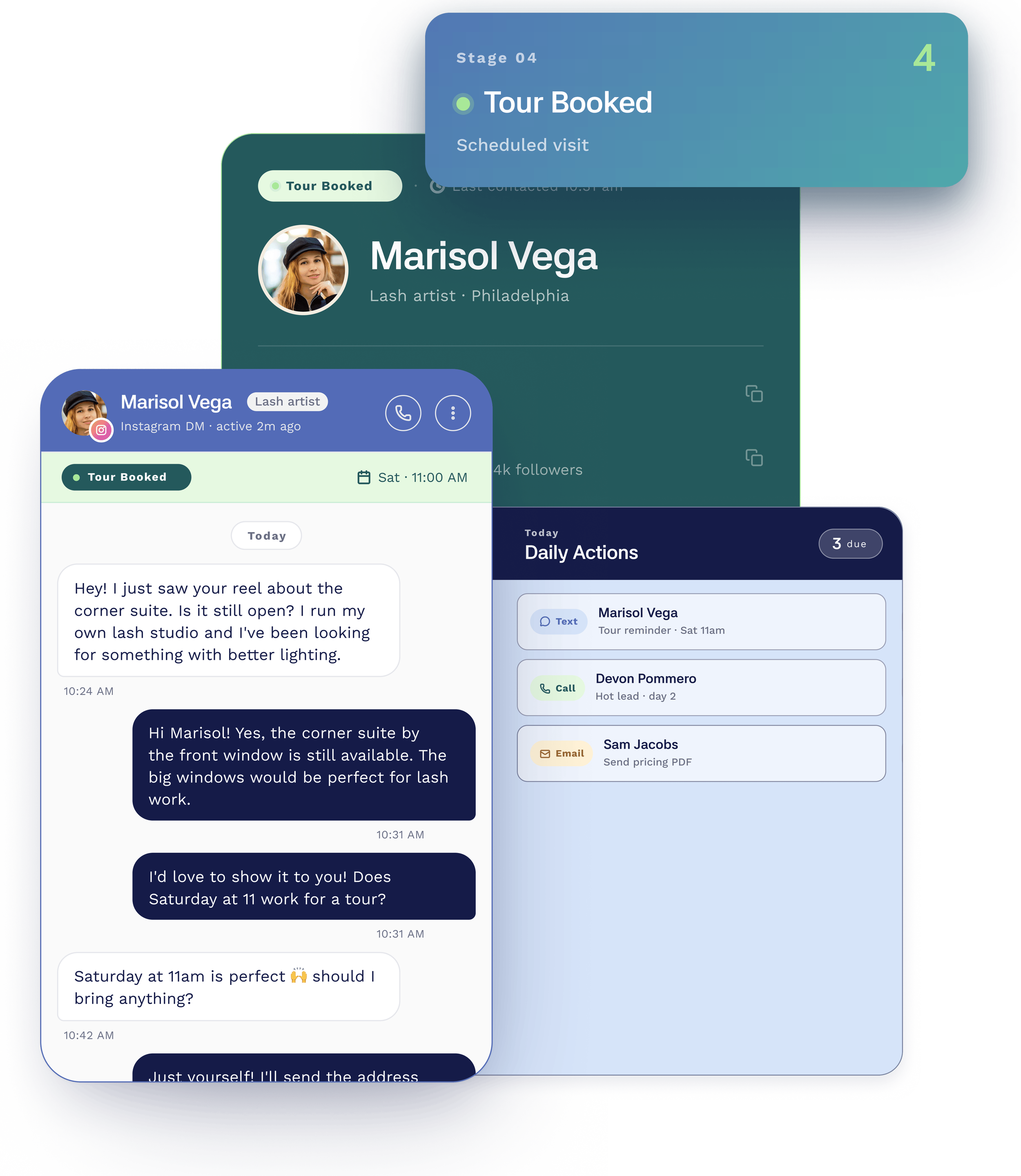 Screenshot of a messaging app showing a conversation about booking a tour and scheduling a visit for a lash artist named Marisol Vega in Philadelphia, with details about communication, appointment times, and related notifications.