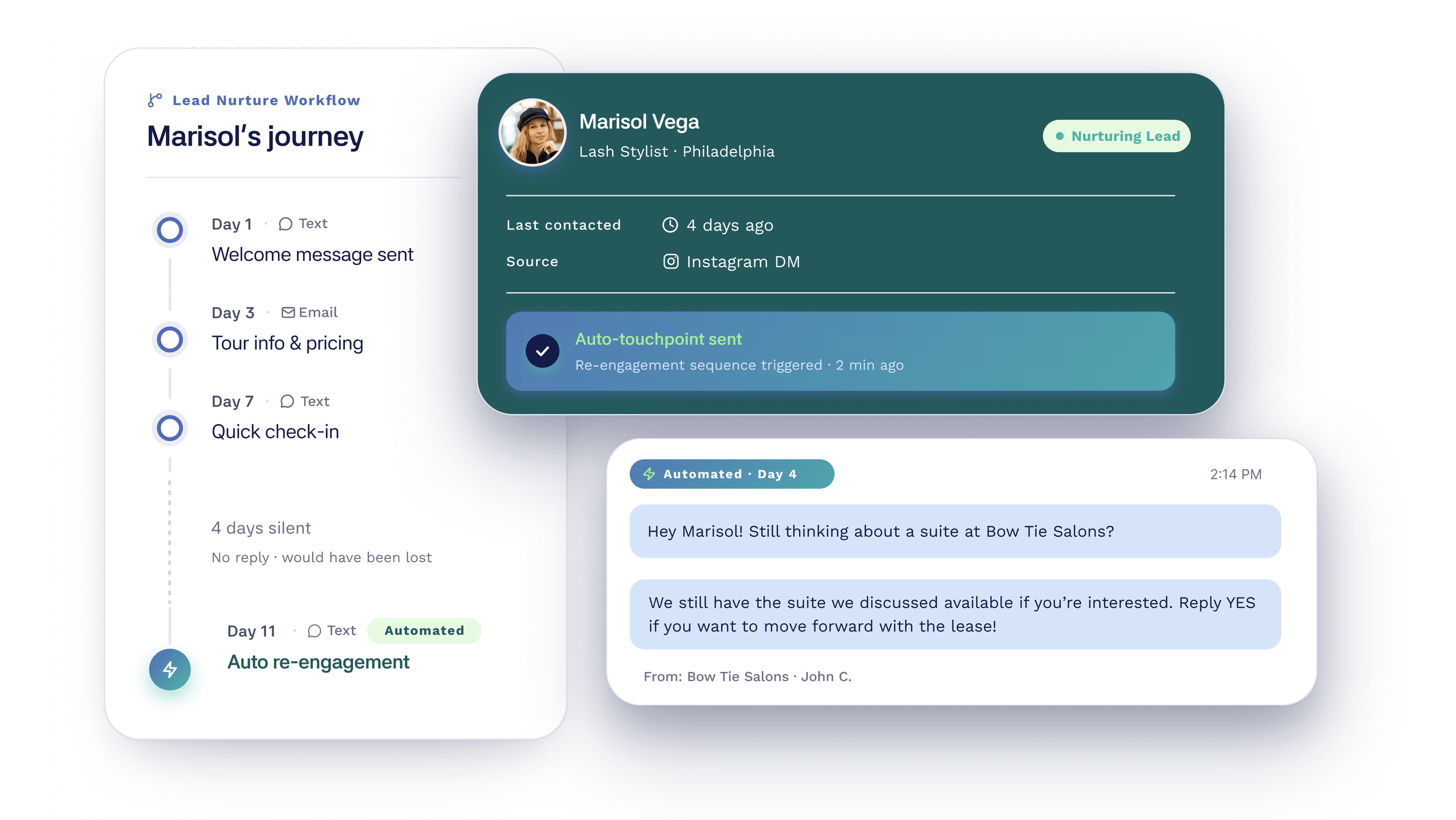Screenshot of a customer relationship management (CRM) platform showing Marisol's journey with notes on communication and engagement, including messages and automations, and a profile of Marisol Vega, a lash stylist from Philadelphia, with contact details and engagement history.
