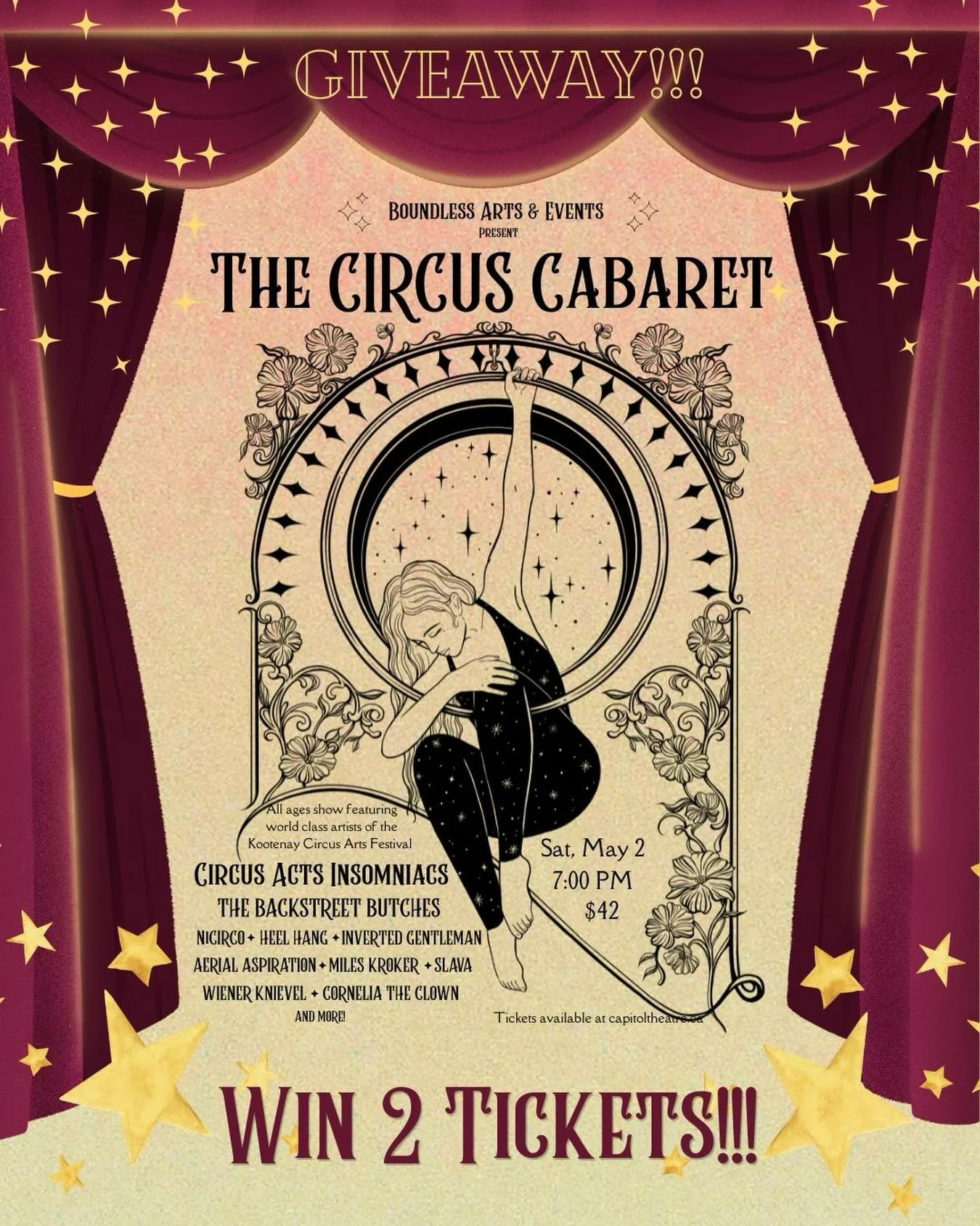 We&rsquo;re teaming up with @circusactsinsomniacs &amp; @thebackstreetbutches to giveaway 2 tickets to The Circus Cabaret on May 2nd!

How to win
- Like this post
- Follow @boundlessartsbae @circusactsinsomniacs &amp; @thebackstreetbutches
- Tag the 