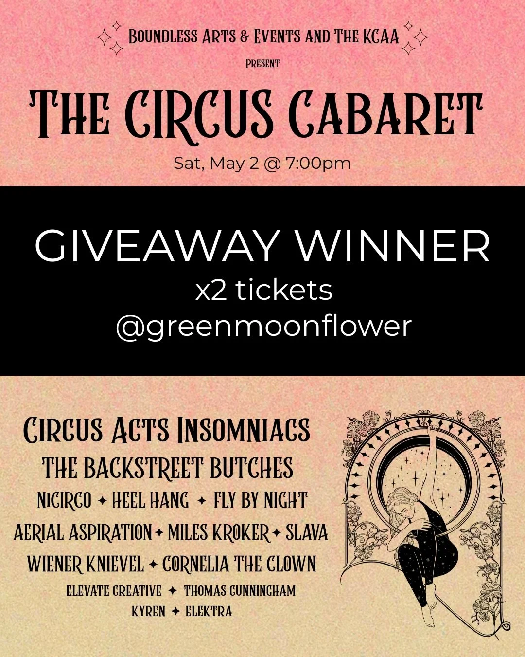 GIVEAWAY WINNER 🥇 @greenmoonflower send us a DM to claim your x2 tickets to The Circus Cabaret&mdash;Sat. May 2nd @ 7:00pm!

P.s. don&rsquo;t have your tickets yet? Grab them from the @capitolnelsonbc website&mdash;before they&rsquo;re gone!

Thanks