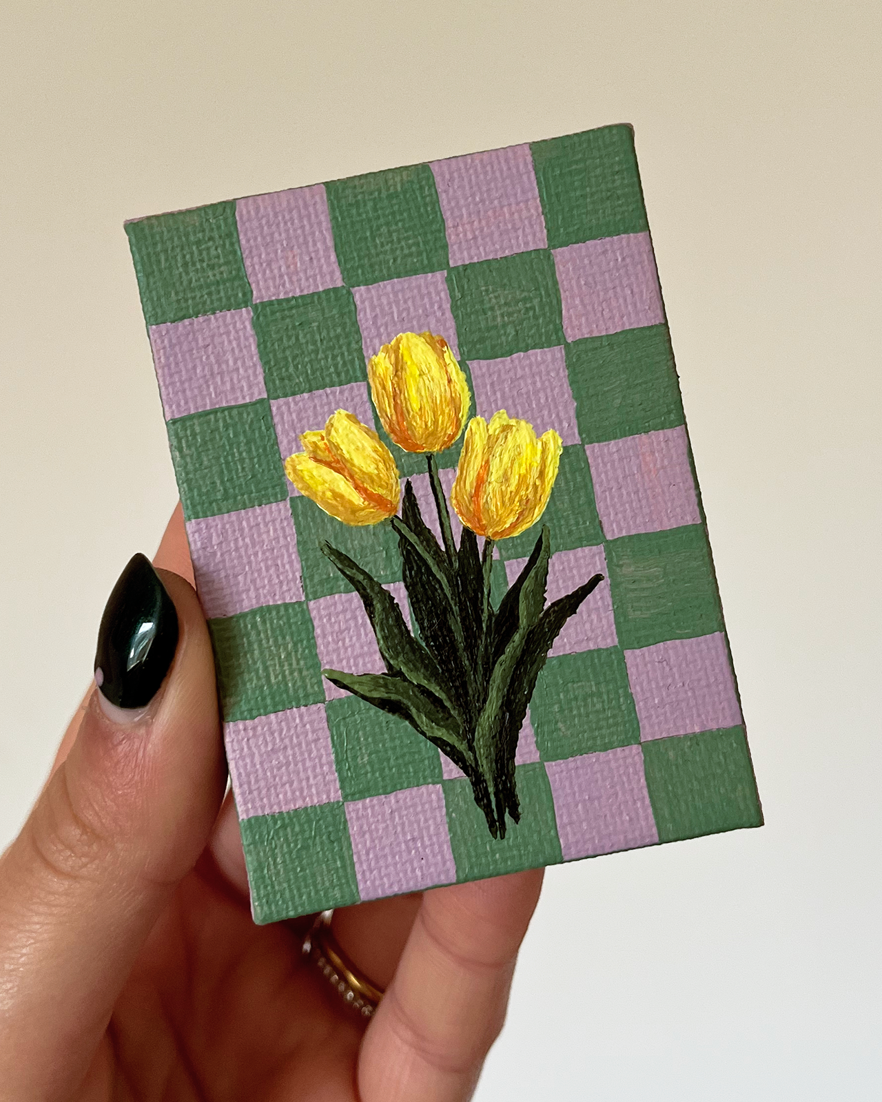 Tulip Checkers | Mini Original Acrylic Painting | Magnetic Canvas