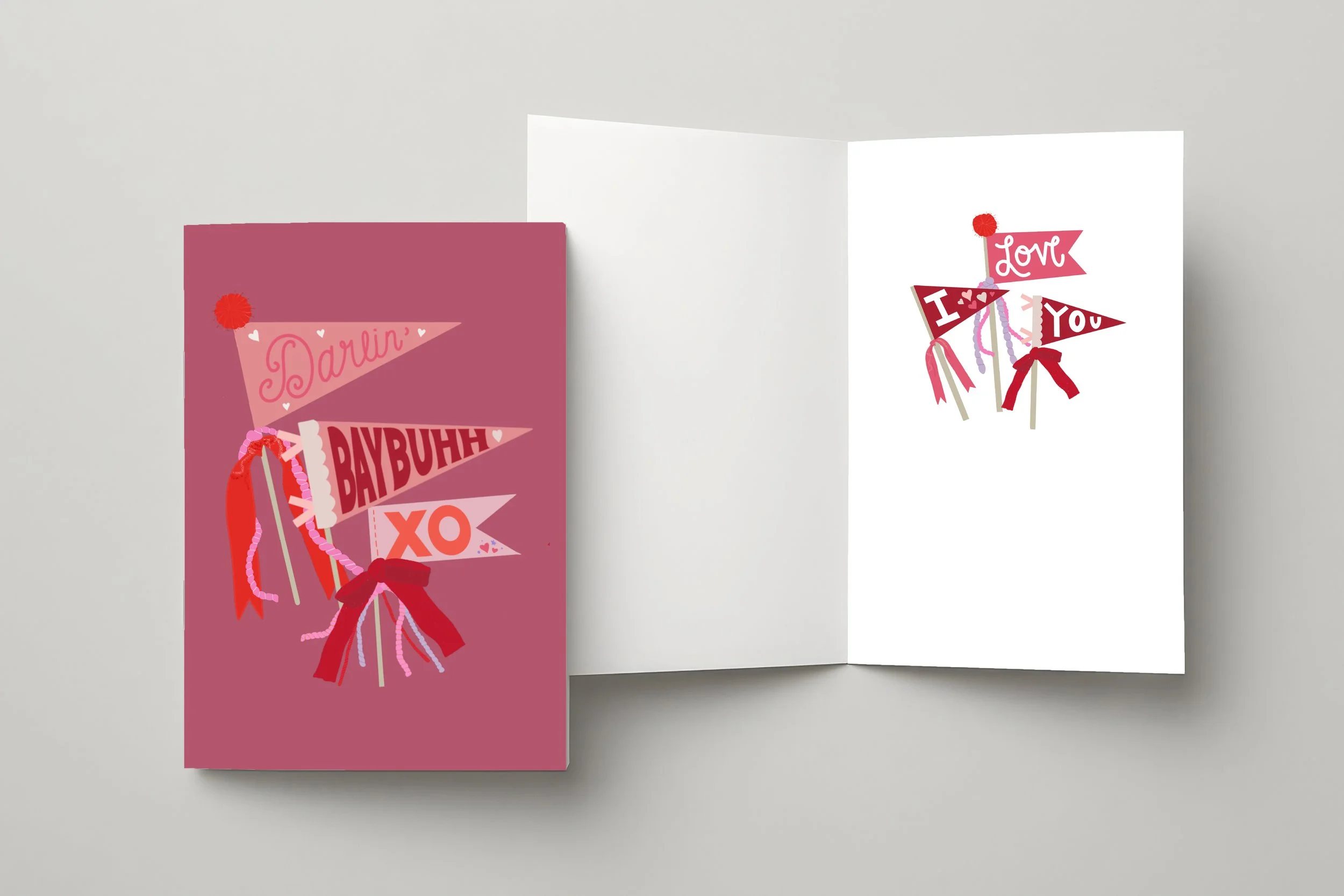 Valentine's Day greeting cards with decorative pennant flags featuring love messages, ribbons, and XO design in pink and red tones