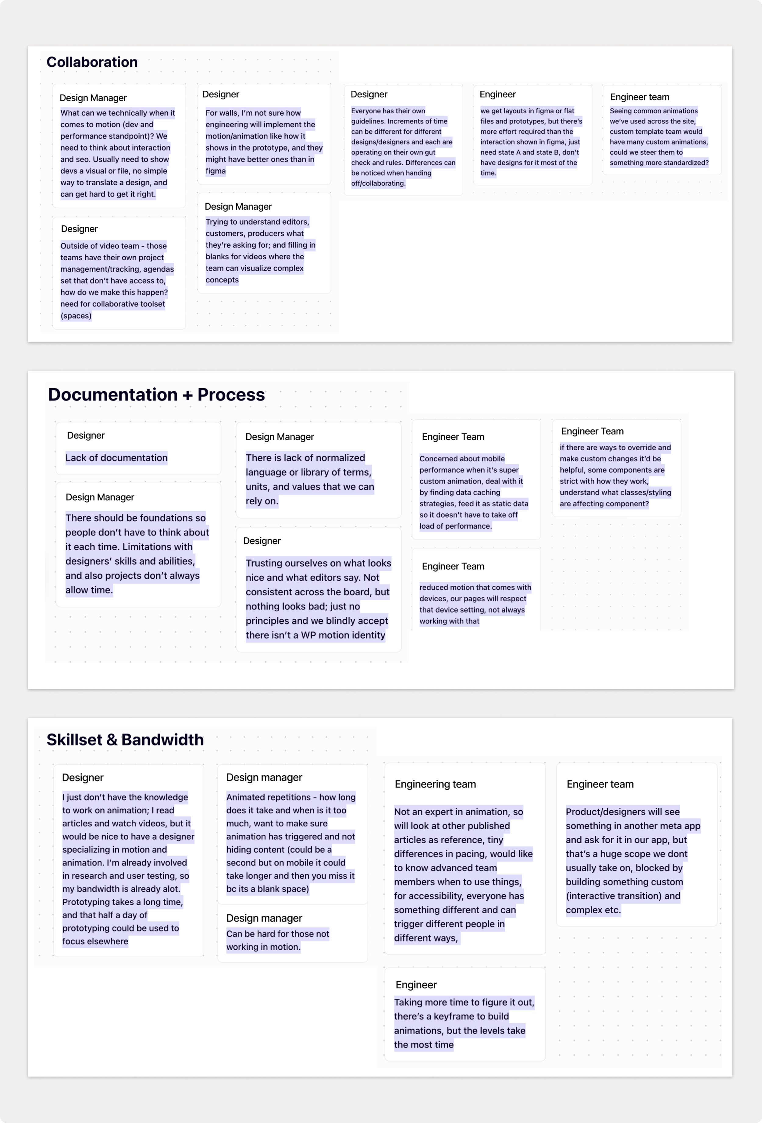 Motion design research framework with categorized findings and four key insights about implementation challenges.