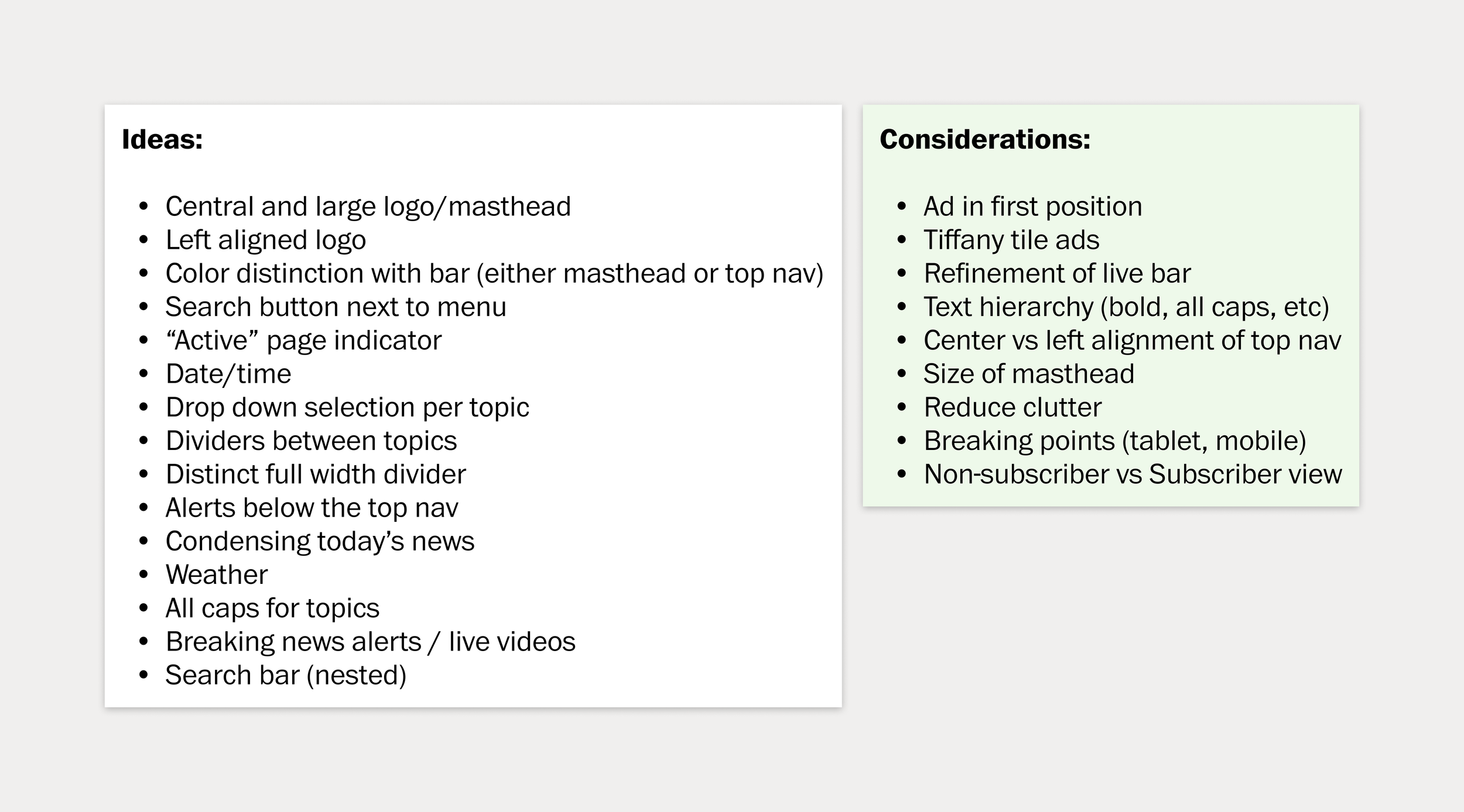 Two-column note document showing brainstorming for homepage navigation: Ideas and Considerations