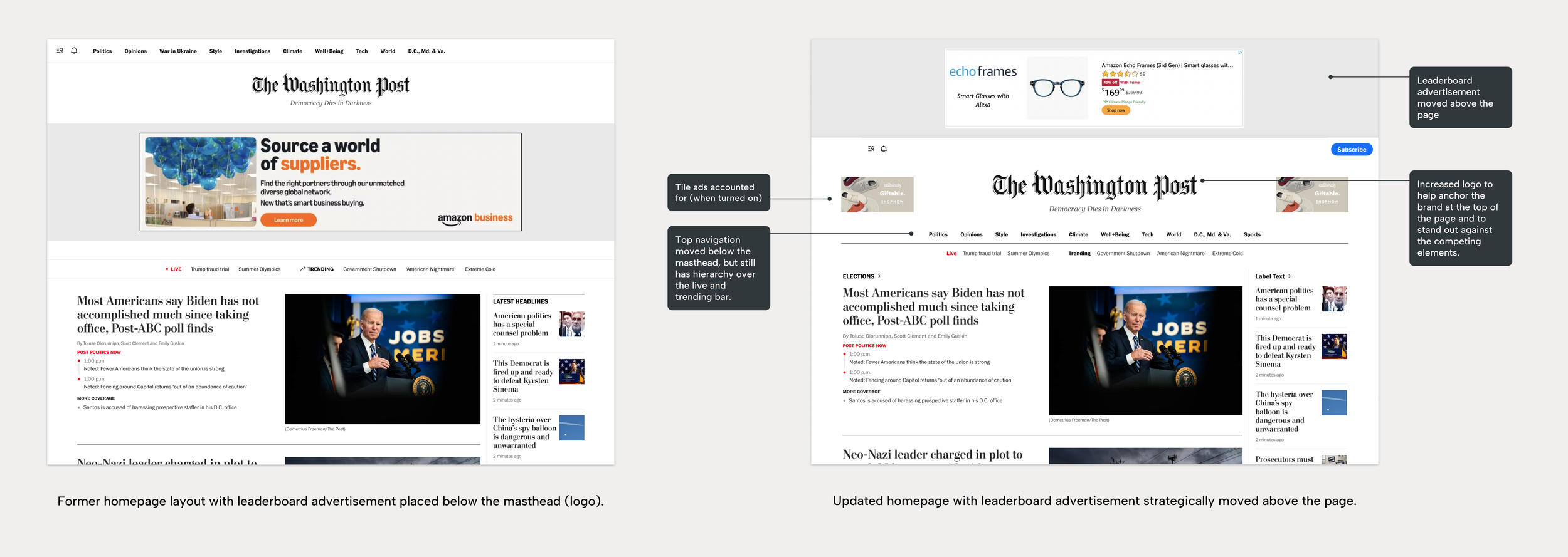 Homepage layout mockups showing navigation, logo, ads, and content organization across different screen sizes.