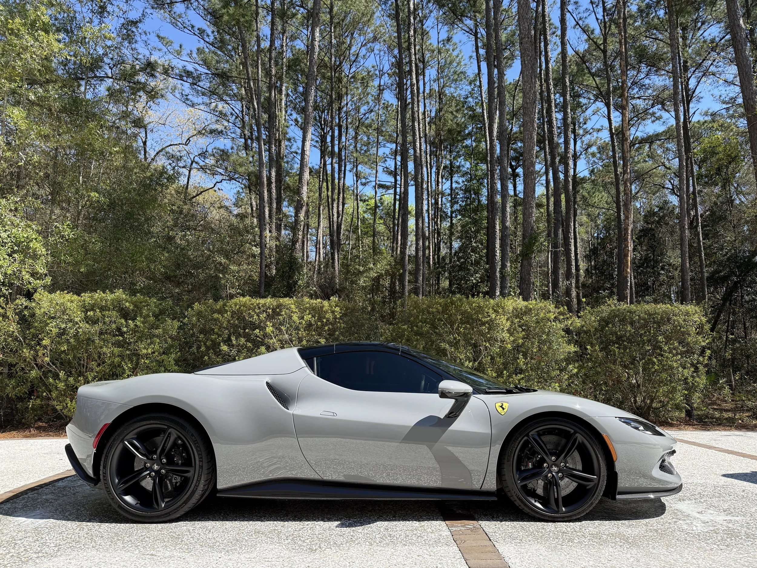 Black sports car parked on gravel with green trees in the background.