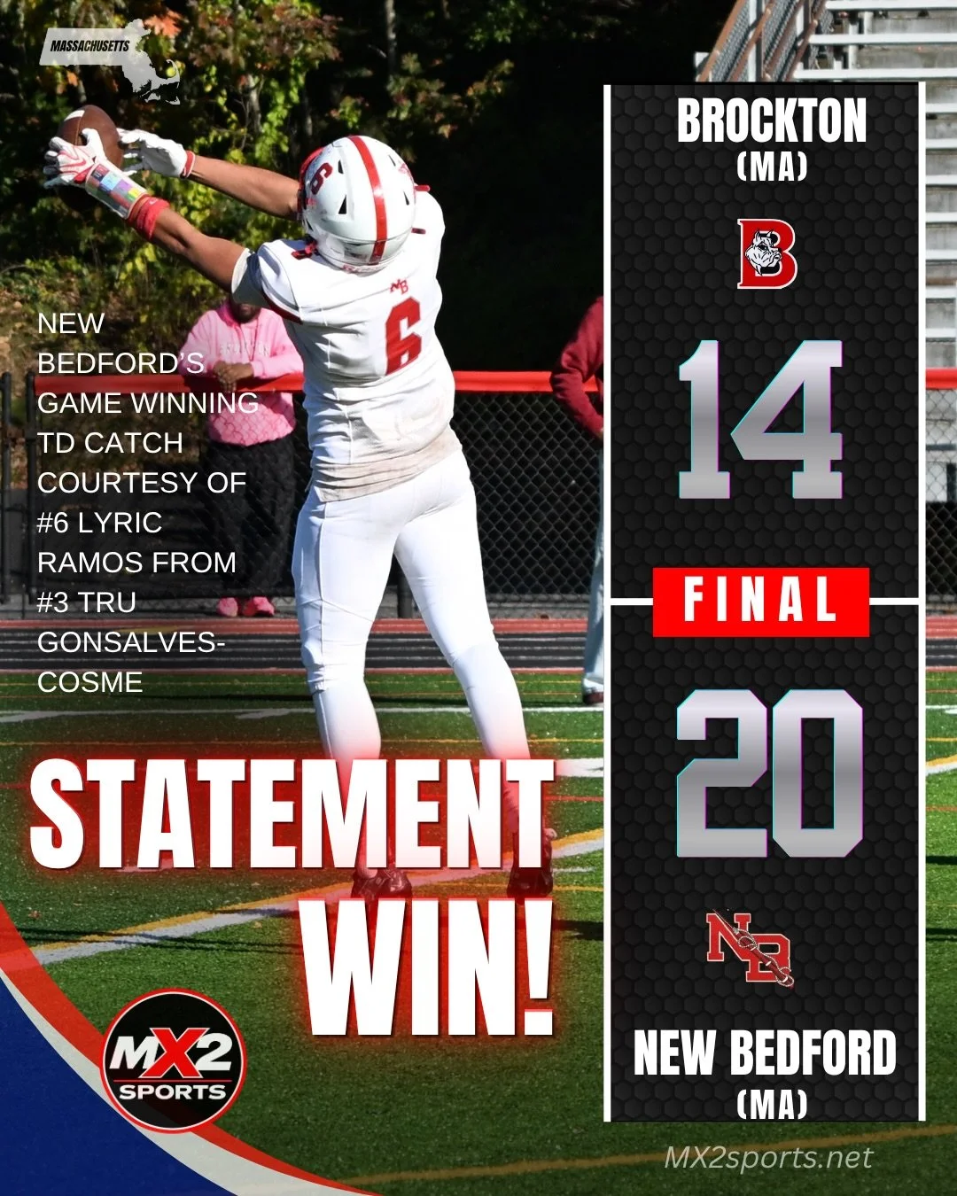🏈 FINAL | NEW BEDFORD 20 &ndash; BROCKTON 14

🔥 NEW BEDFORD STUNS BROCKTON IN FOURTH-QUARTER THRILLER!

What a finish at Rocky Marciano Stadium! On a spectacular fall afternoon, Brockton celebrated Homecoming and Senior Day, but the visiting Whaler