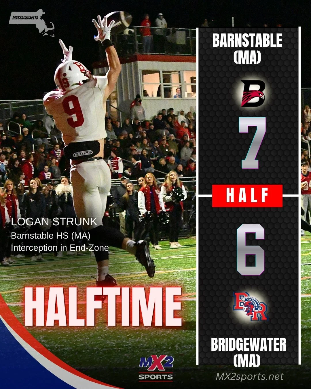 🏈 HALFTIME | MX2 GAME OF THE WEEK

Barnstable 7 &ndash; Bridgewater-Raynham 6

Barnstable takes a one-point lead into halftime in a tightly contested matchup.

🔥 First-Half Highlights:

🏈 Jackson Khoury (#21), Barnstable &mdash; Broke loose for an