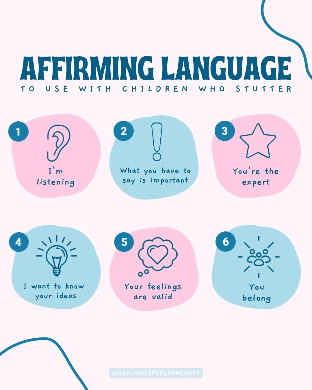 &ldquo;Stuttering Microagressions: What SLPS Need to Know&rdquo;, a blog by Nina Reeves (of @stutteringtherapyresources) discusses the importance of the language we use with Children Who Stutter. 
Affirming language sends messages of support from the