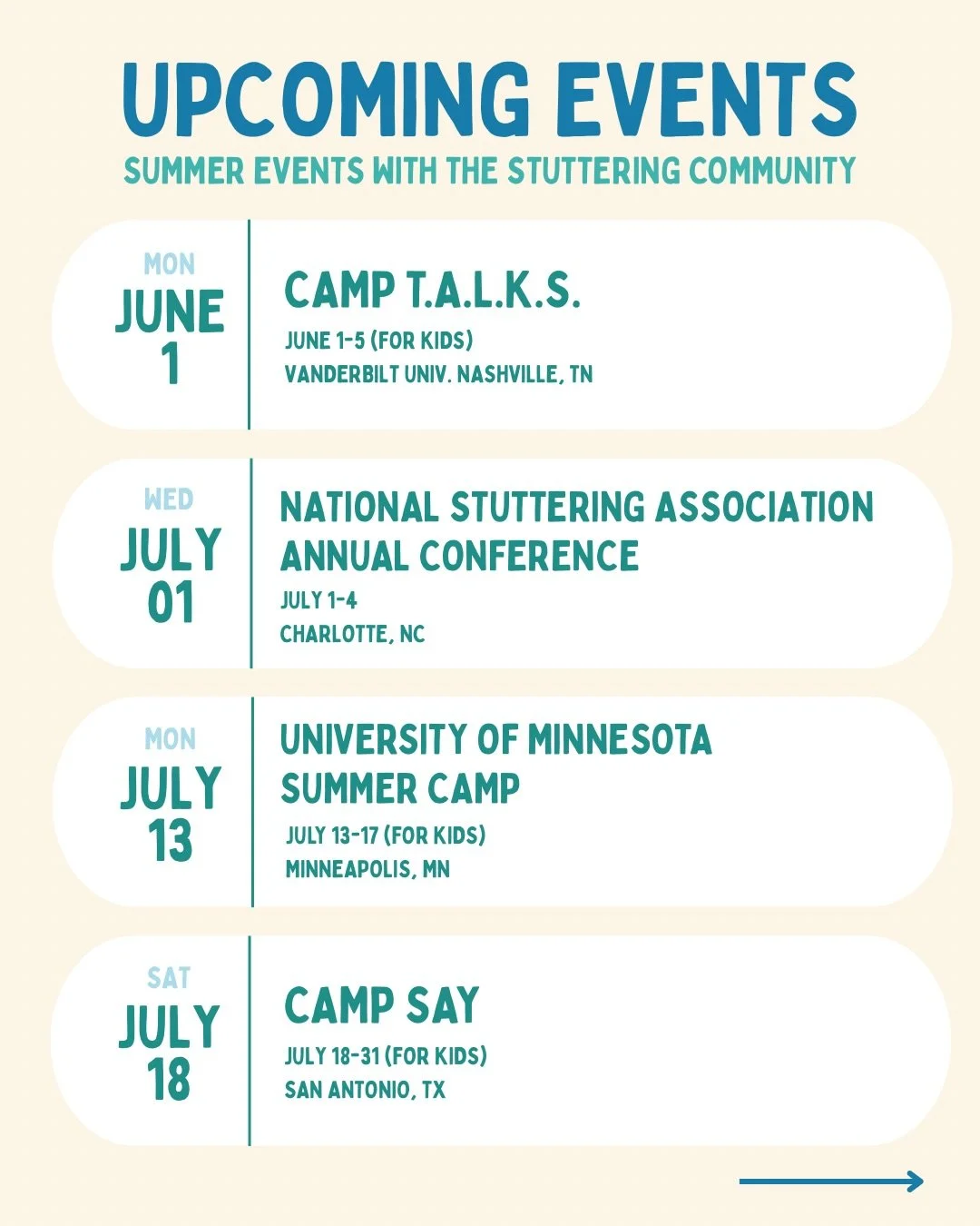 Looking for community this summer? Check out these summer events! 🩵 With camps to conferences, there are so many opportunities this summer to join a community and share experiences with other people who stutter.

Comment with the stuttering communit