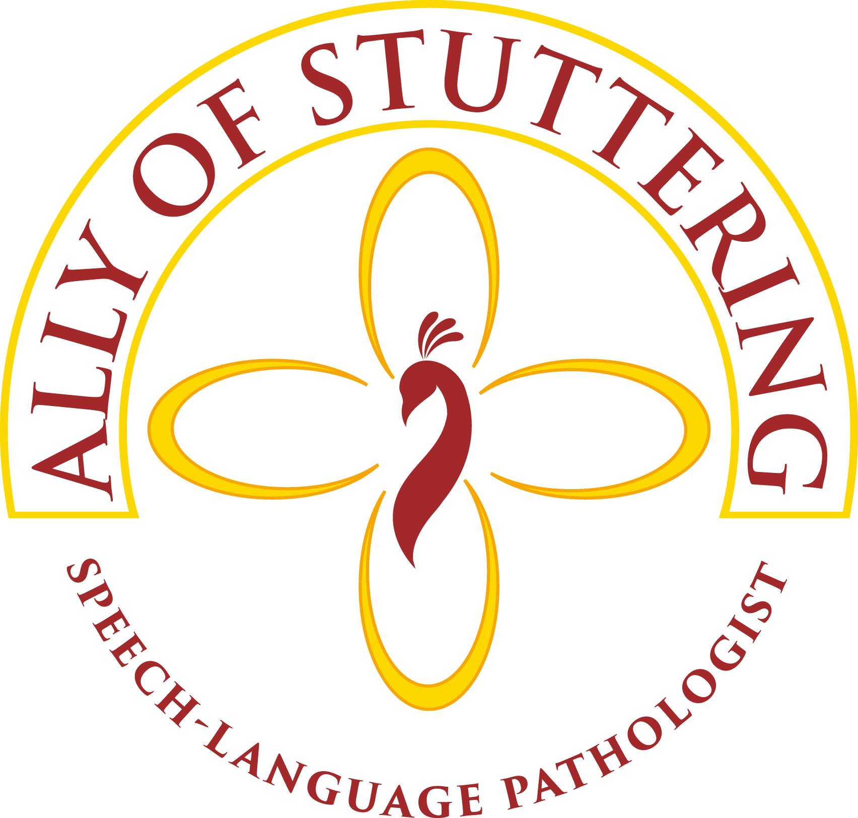 Logo for the Spero Ally of Stuttering Speech-Language Pathologist, featuring a stylized caduceus with a stuttering duck in the center and the organization name in a circular arrangement.