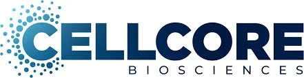 Cellcore Biosciences logo with blue text and dots